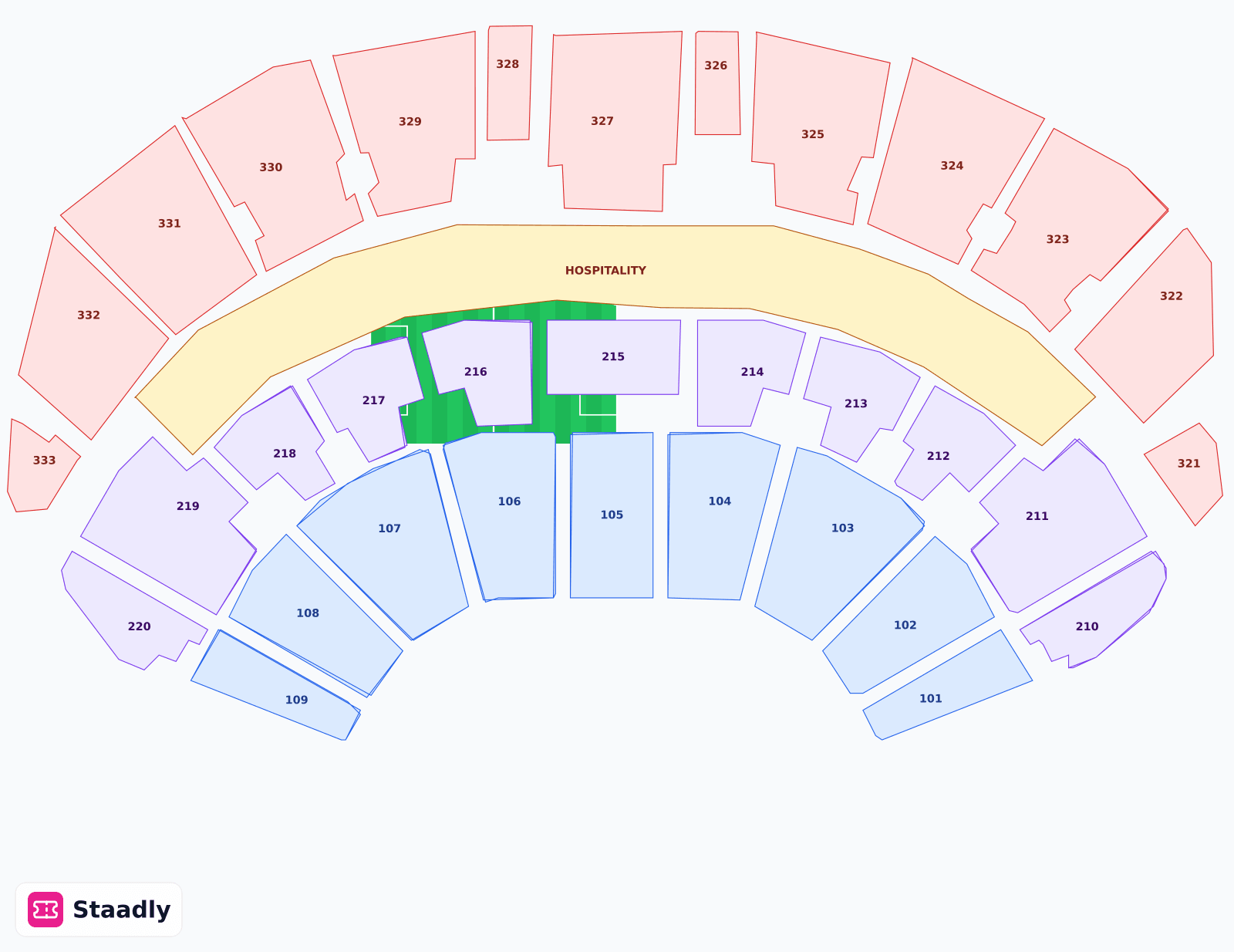 First Direct Arena seat layout and seating plan — colored sections, stands and tiers (Leeds)