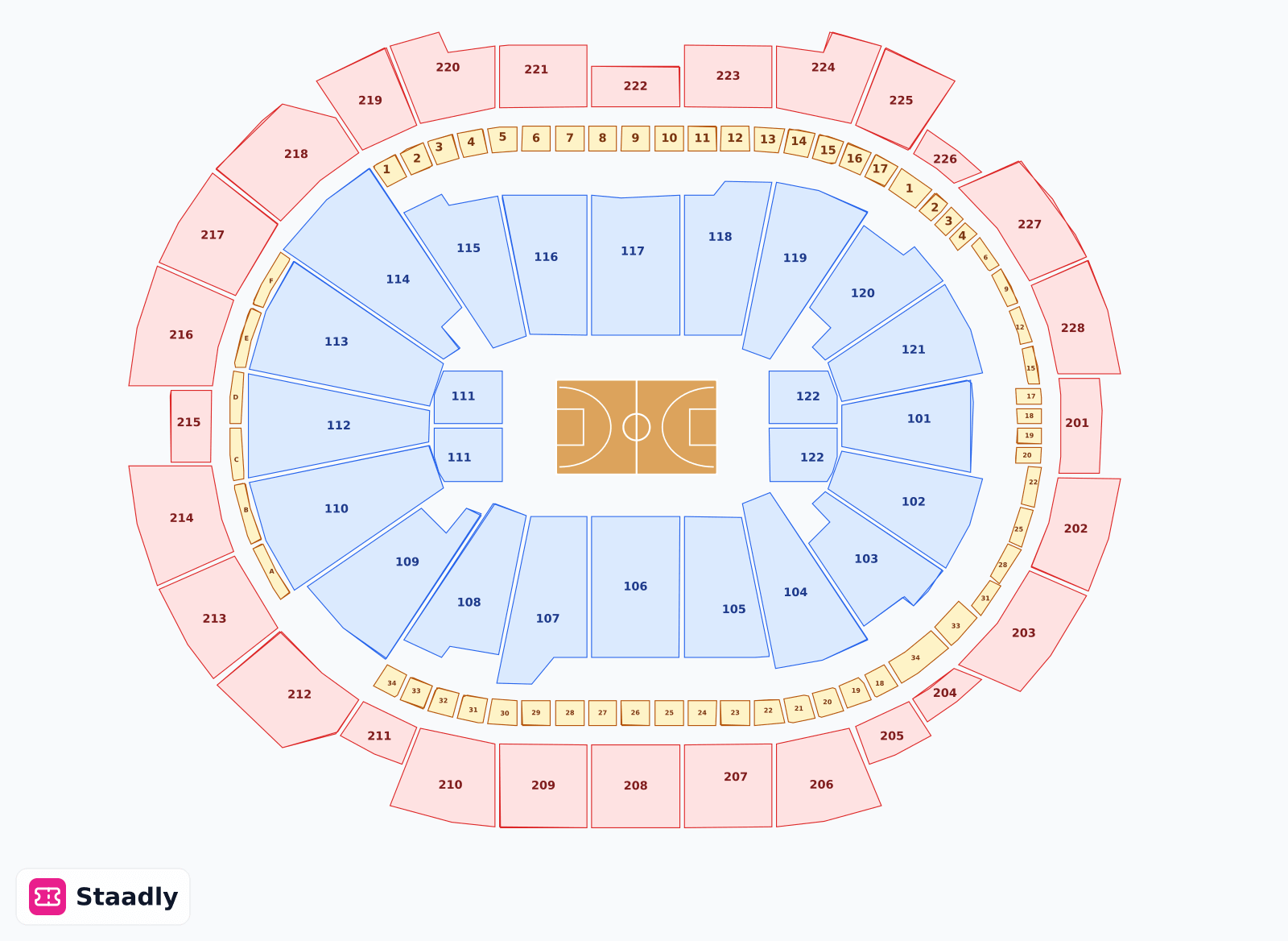 Fiserv Forum seat layout and seating plan — colored sections, stands and tiers (Miluakee)