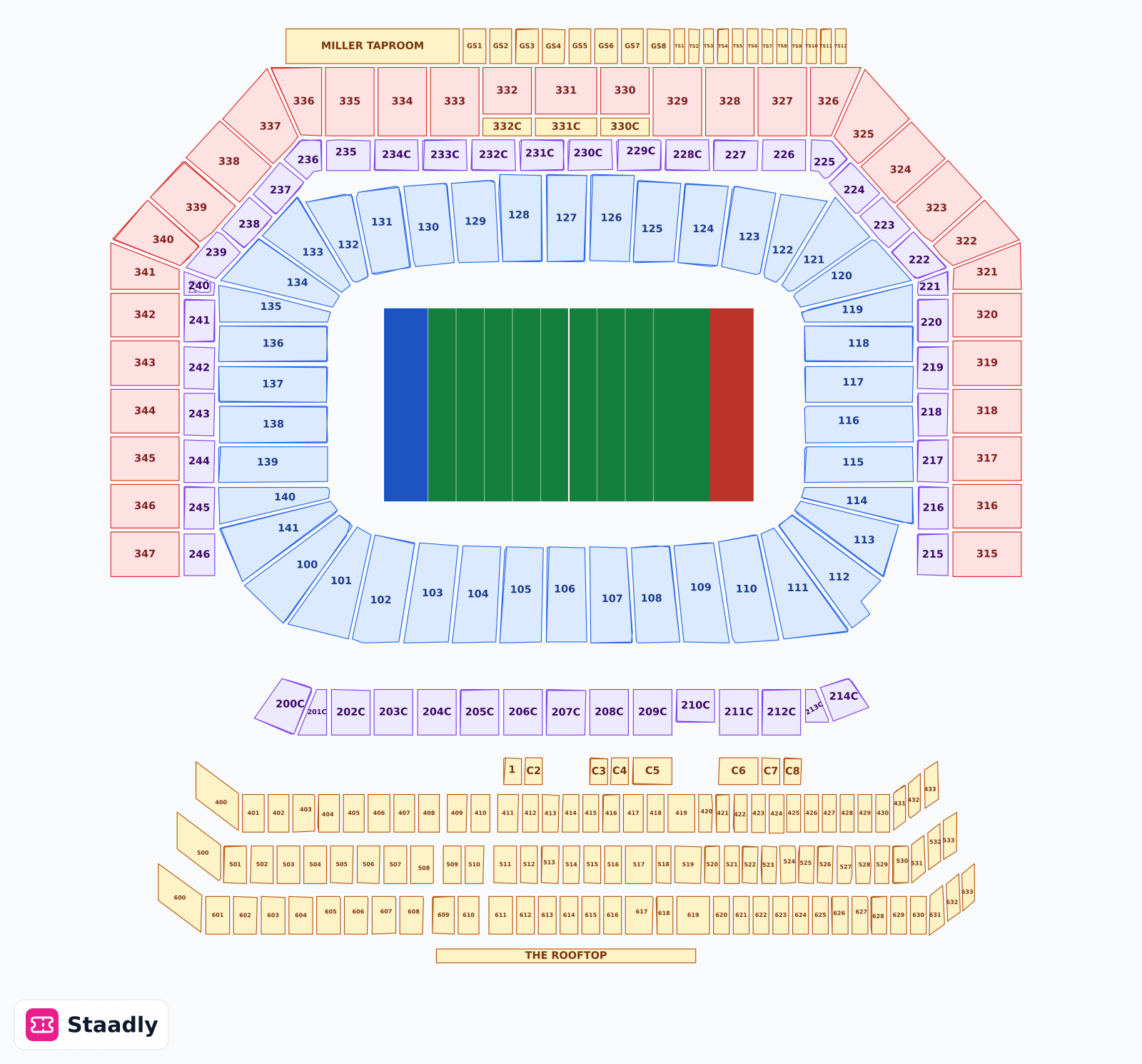 Ford Field seat layout and seating plan — colored sections, stands and tiers (Detroit)