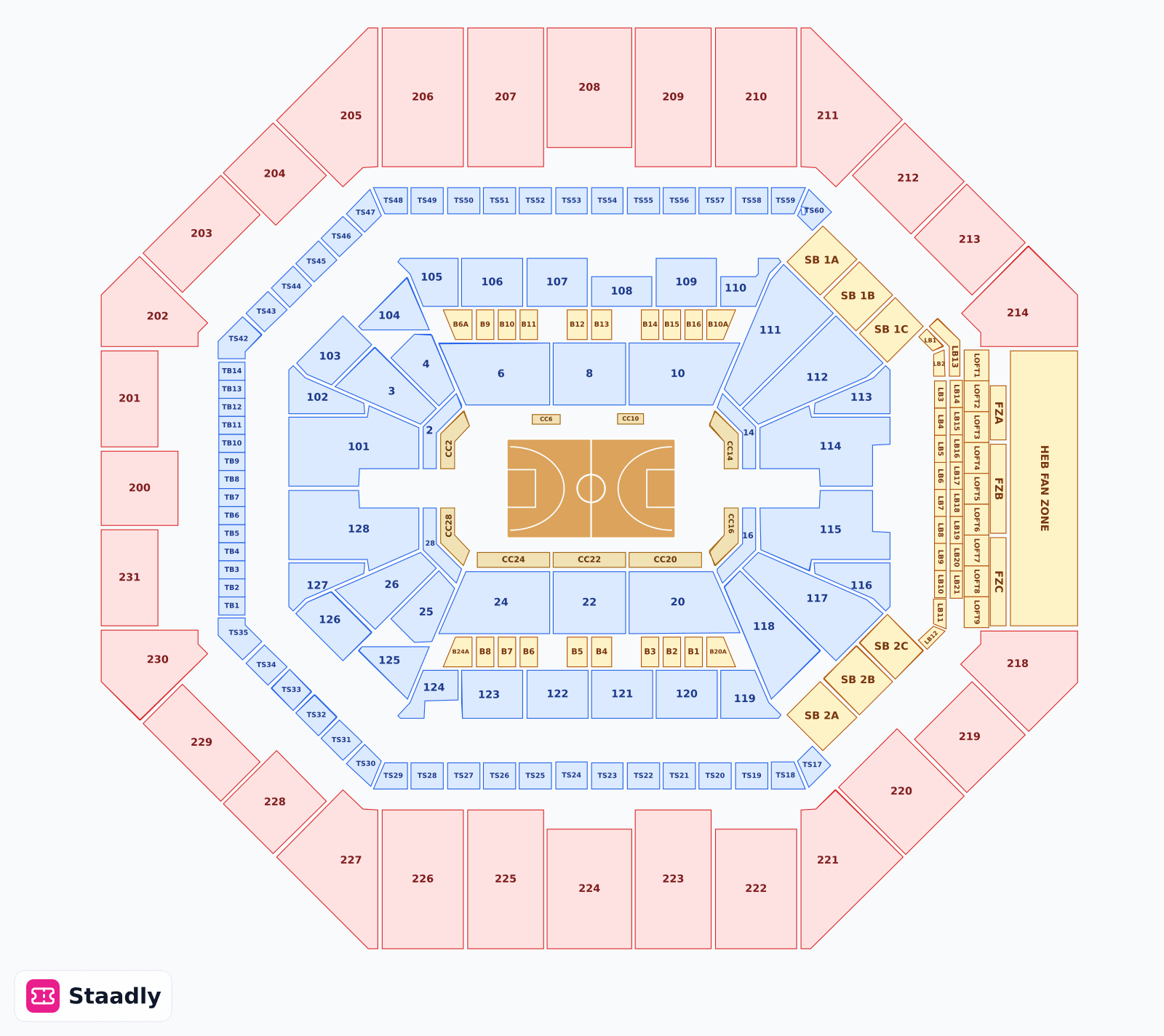 Frost Bank Center seat layout and seating plan — colored sections, stands and tiers (San Antonio)