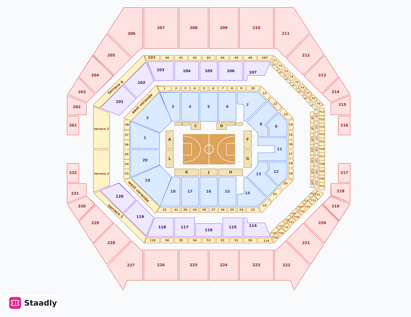 Gainbridge Fieldhouse seat layout and seating plan — colored sections, stands and tiers (Indianapolis)
