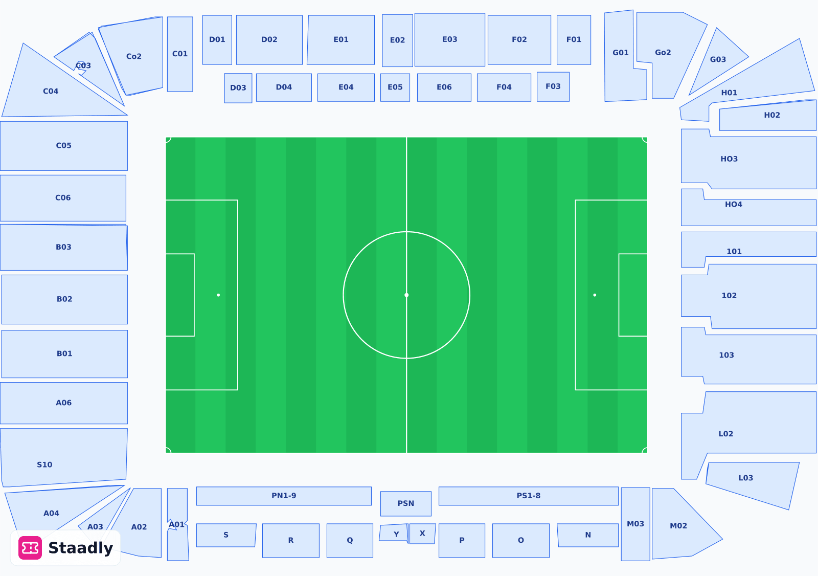 Gewiss Stadium seat layout and seating plan — colored sections, stands and tiers (Bergamo)