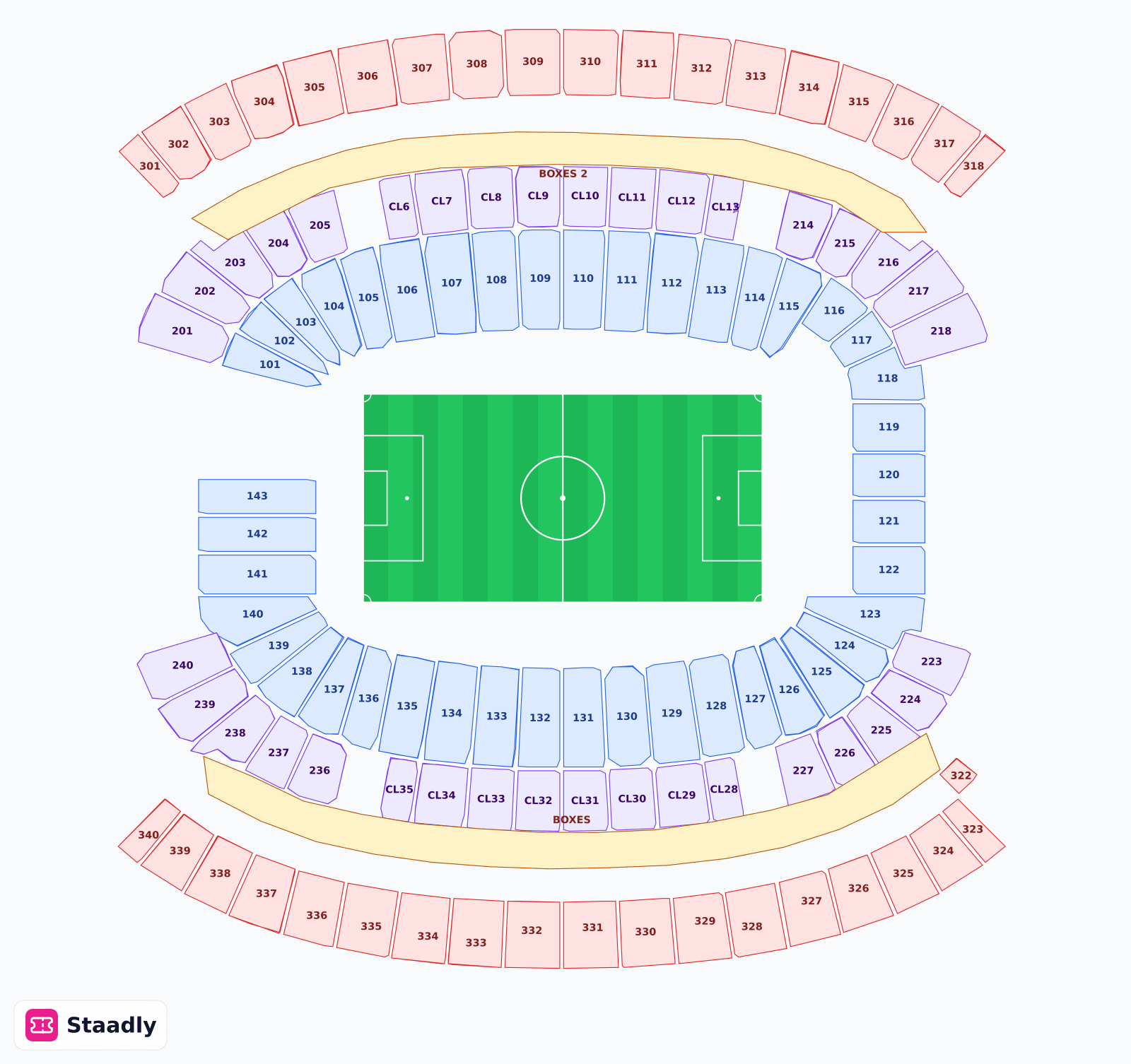 Gillette Stadium seat layout and seating plan — colored sections, stands and tiers (Massachusetts)