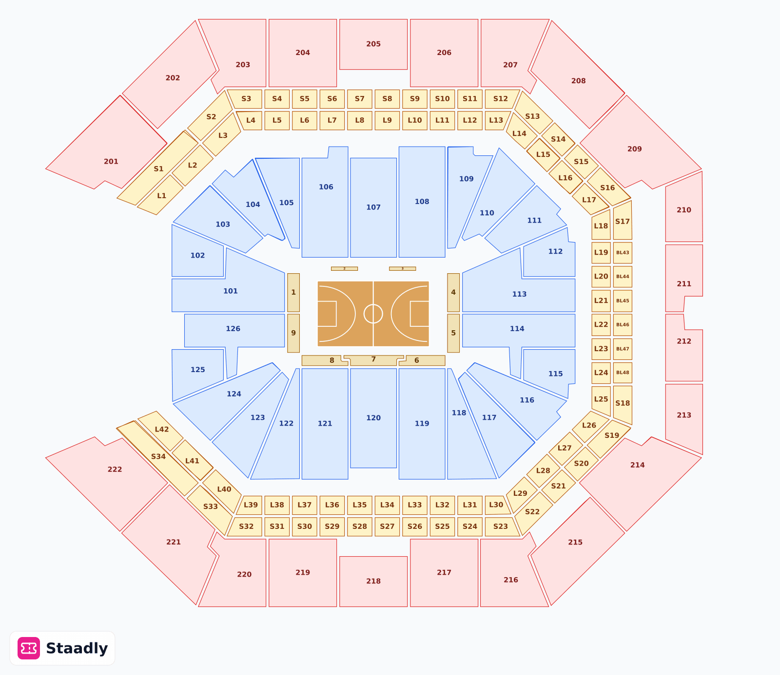 Golden 1 Center seat layout and seating plan — colored sections, stands and tiers (Sacramento)