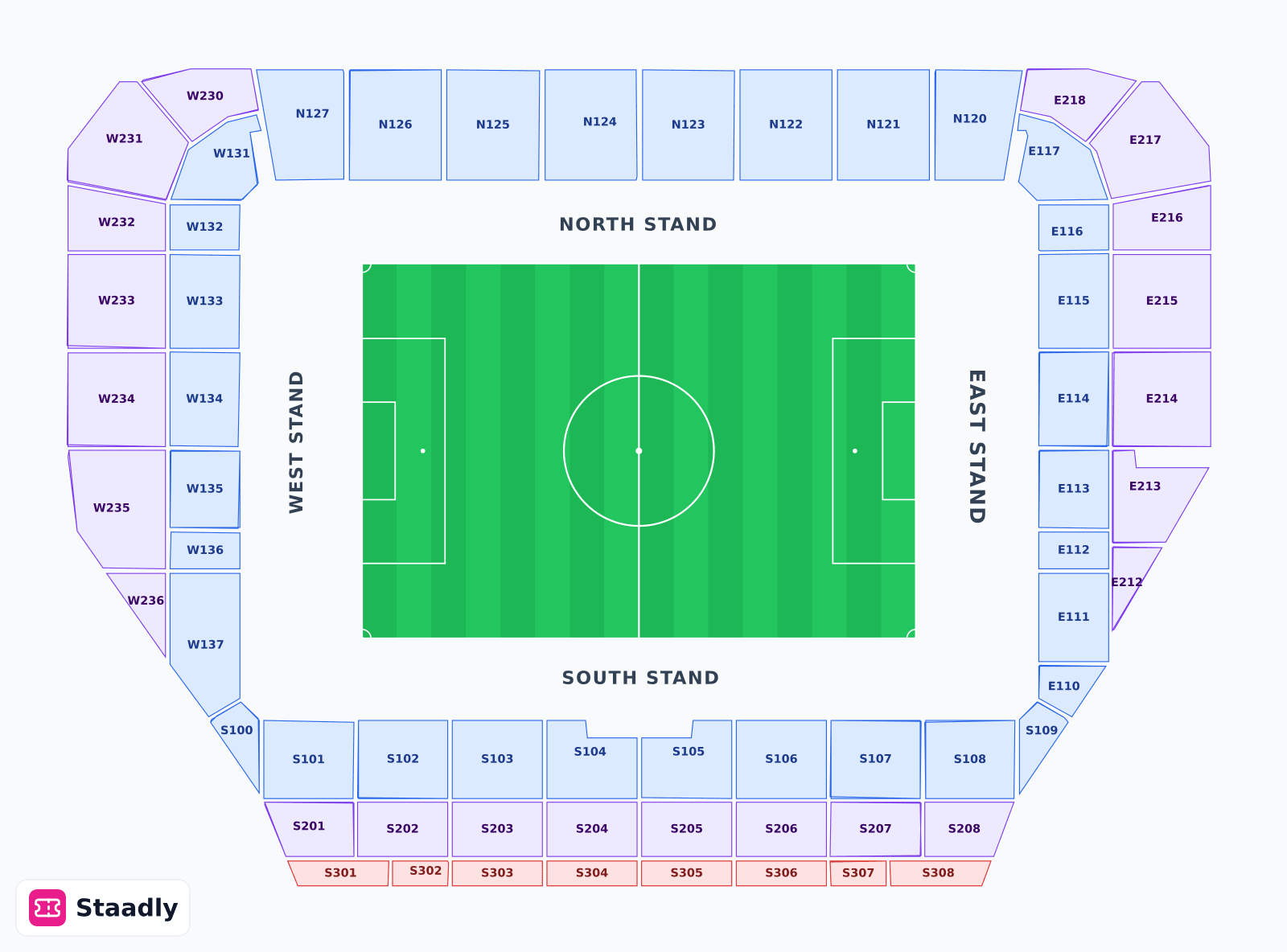 Gtech Community Stadium seat layout and seating plan — colored sections, stands and tiers (London)