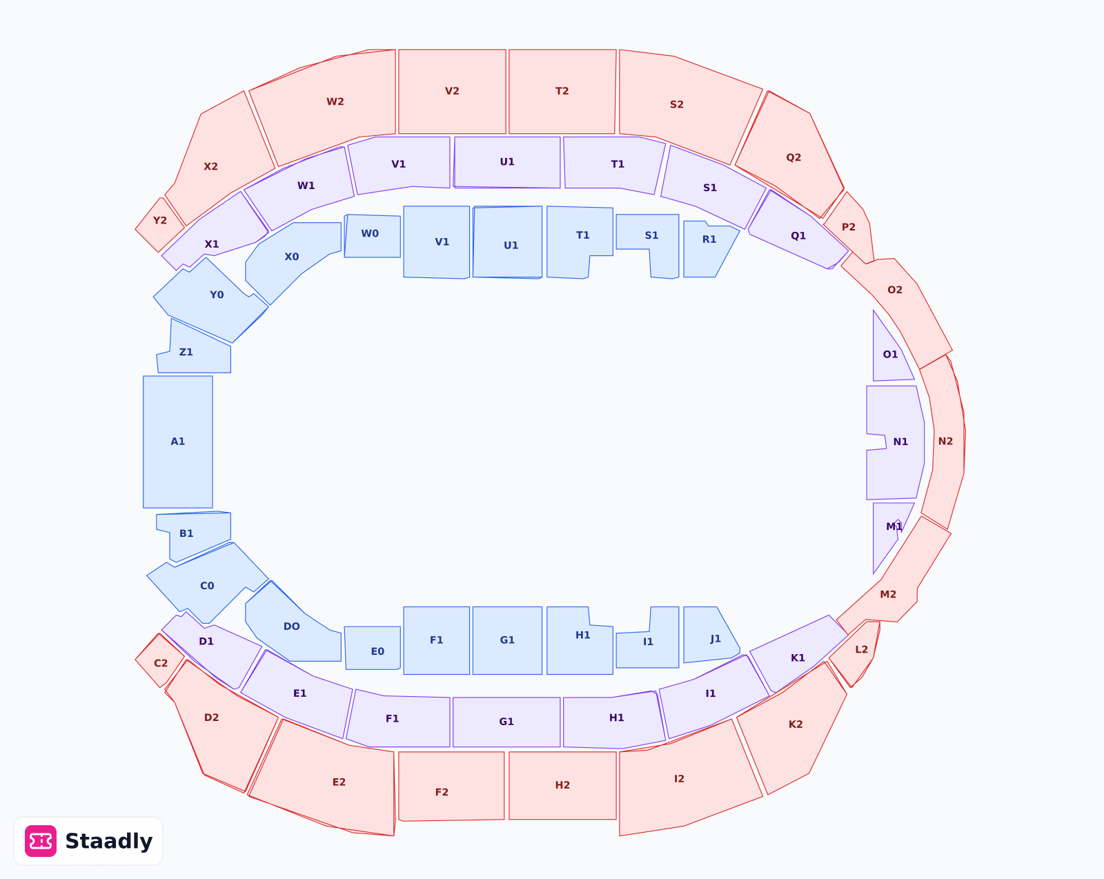 Hallenstadion seat layout and seating plan — colored sections, stands and tiers (Zurich)