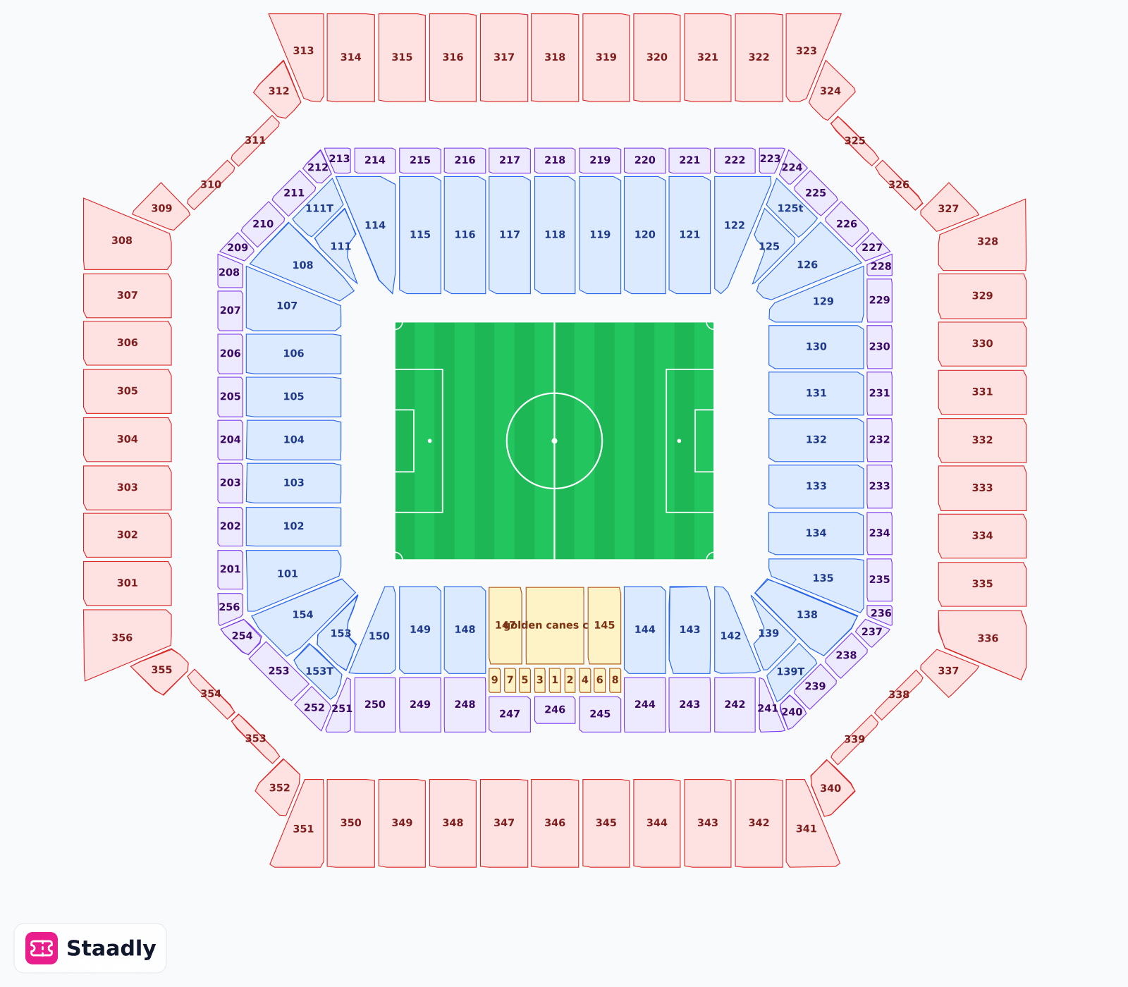 Hard Rock Stadium seat layout and seating plan — colored sections, stands and tiers (Florida)