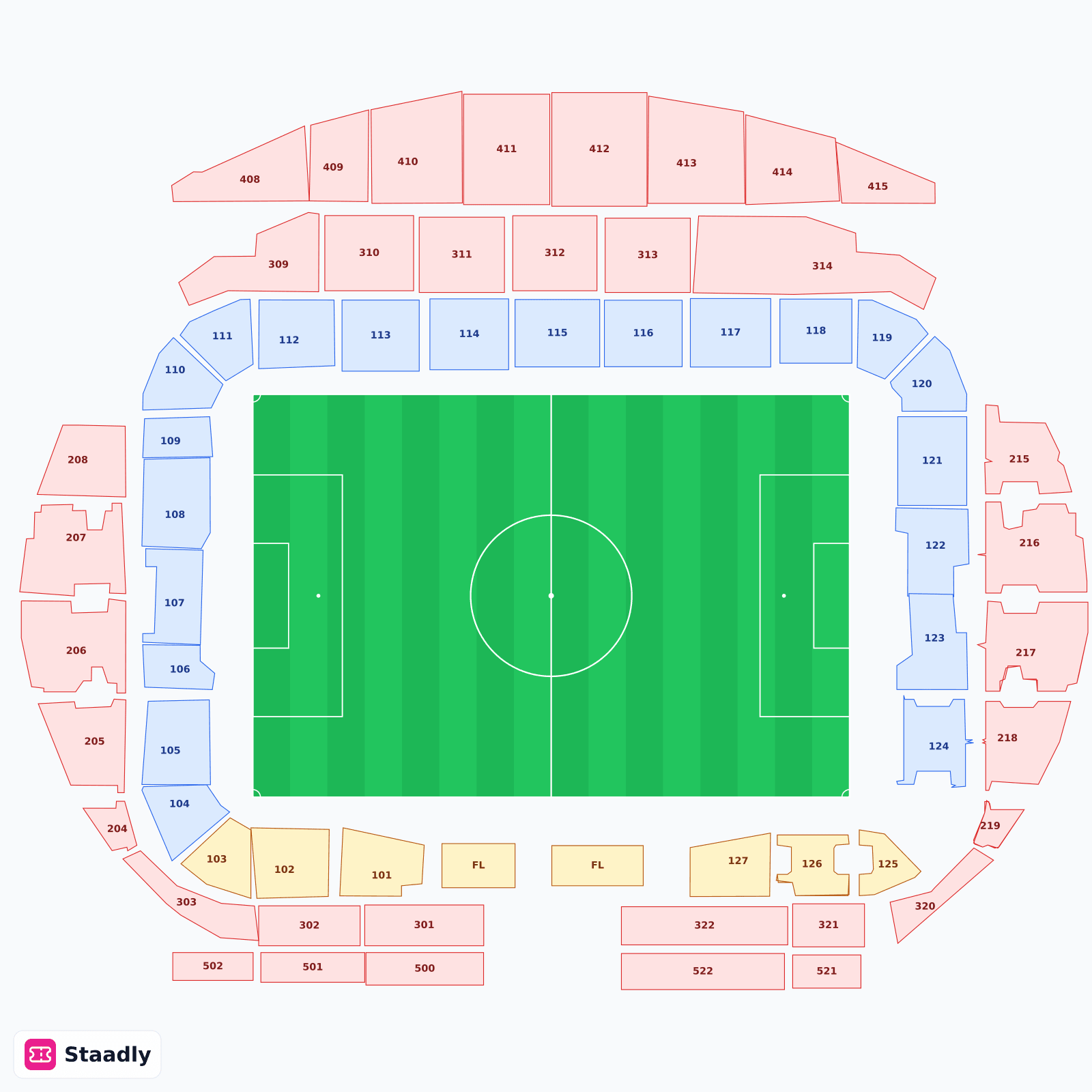 Hazza bin Zayed Stadium seat layout and seating plan — colored sections, stands and tiers (Al Ain)