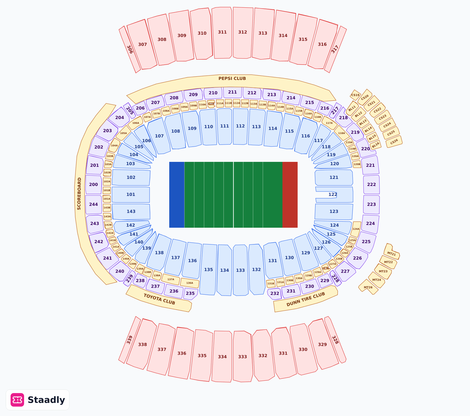 Highmark Stadium seat layout and seating plan — colored sections, stands and tiers (Buffalo)