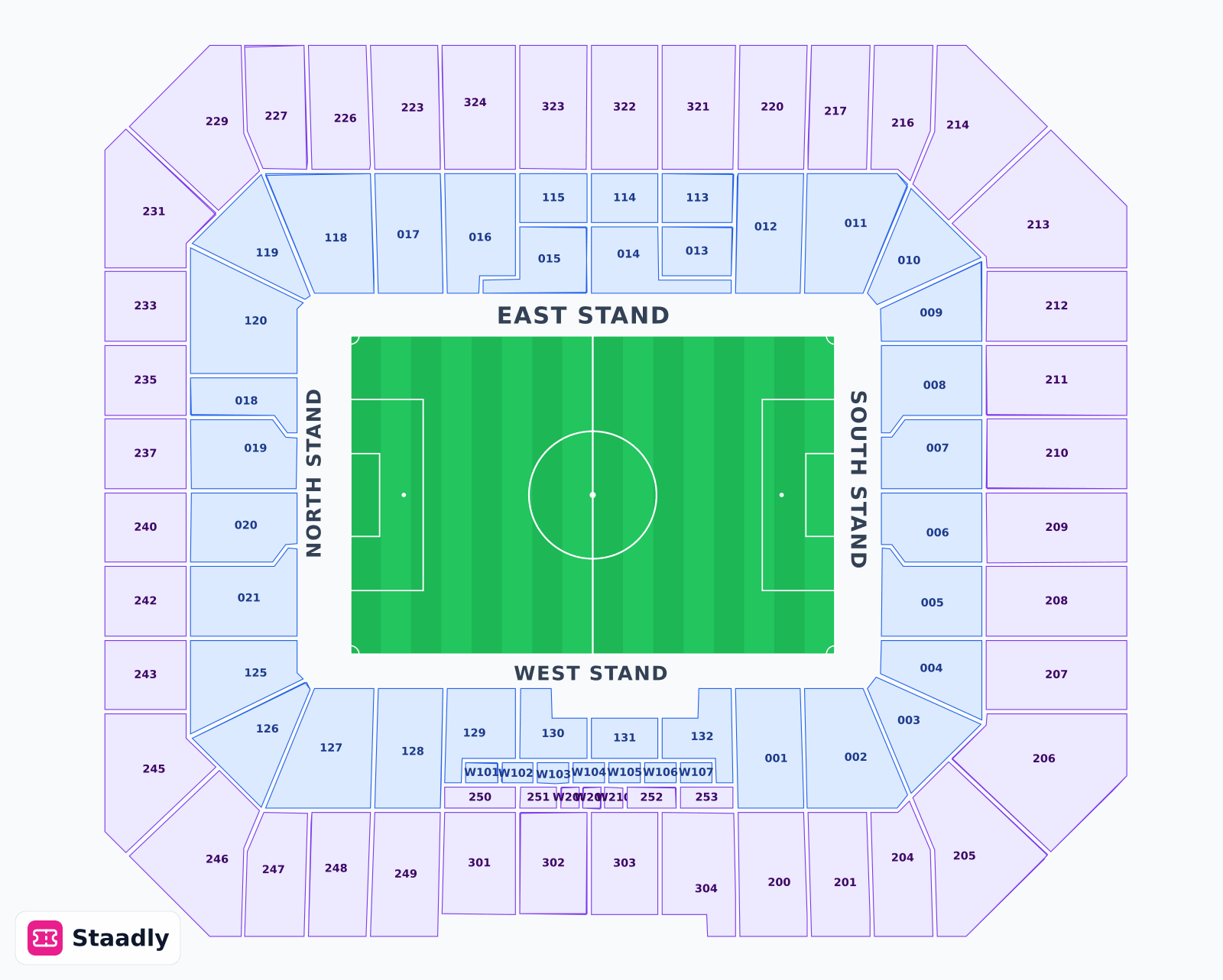 HILL DICKINSON STADIUM seat layout and seating plan — colored sections, stands and tiers (LIVERPOOL)