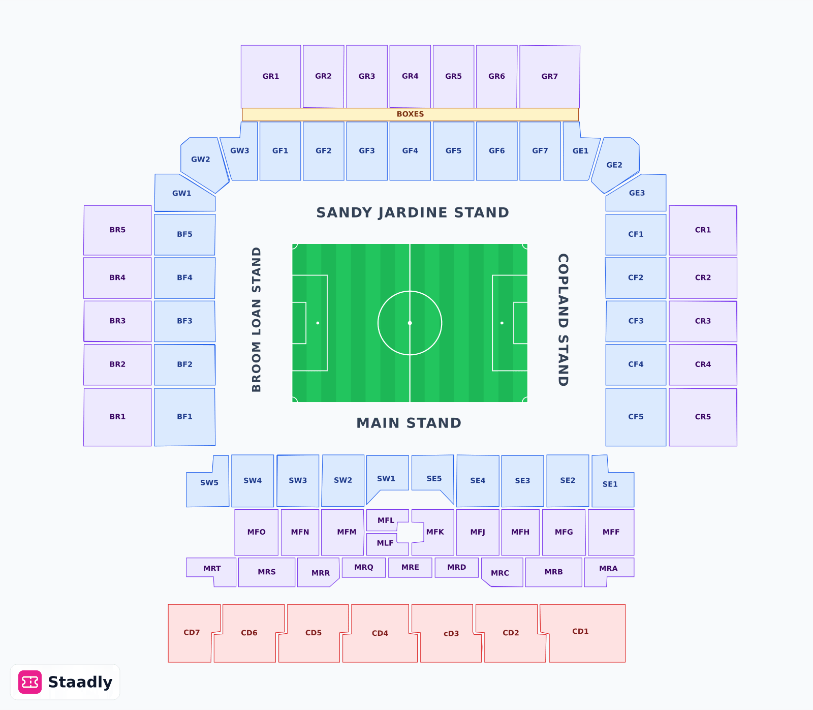 Ibrox Stadium seat layout and seating plan — colored sections, stands and tiers (Glasgow)
