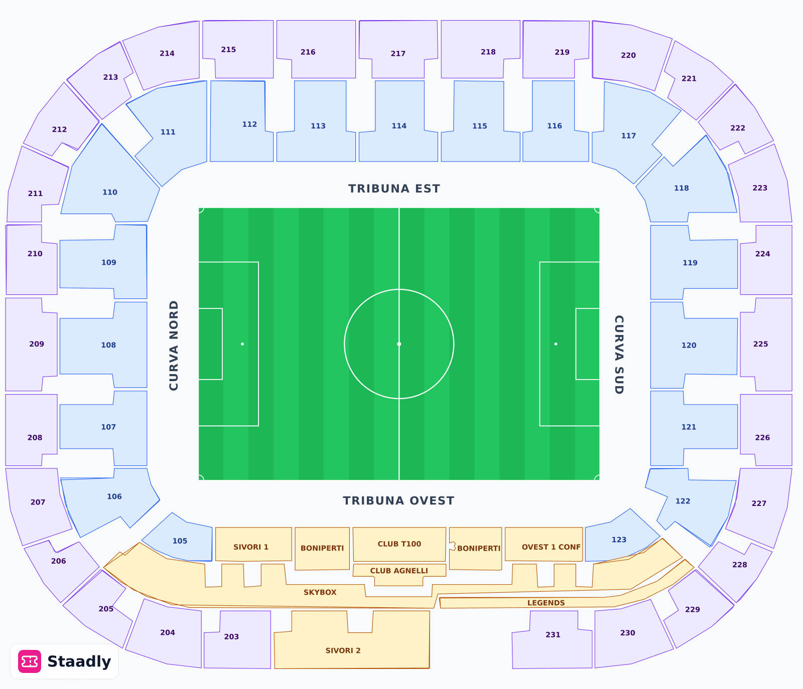 Juventus Allianz Stadium seat layout and seating plan — colored sections, stands and tiers (Italy)
