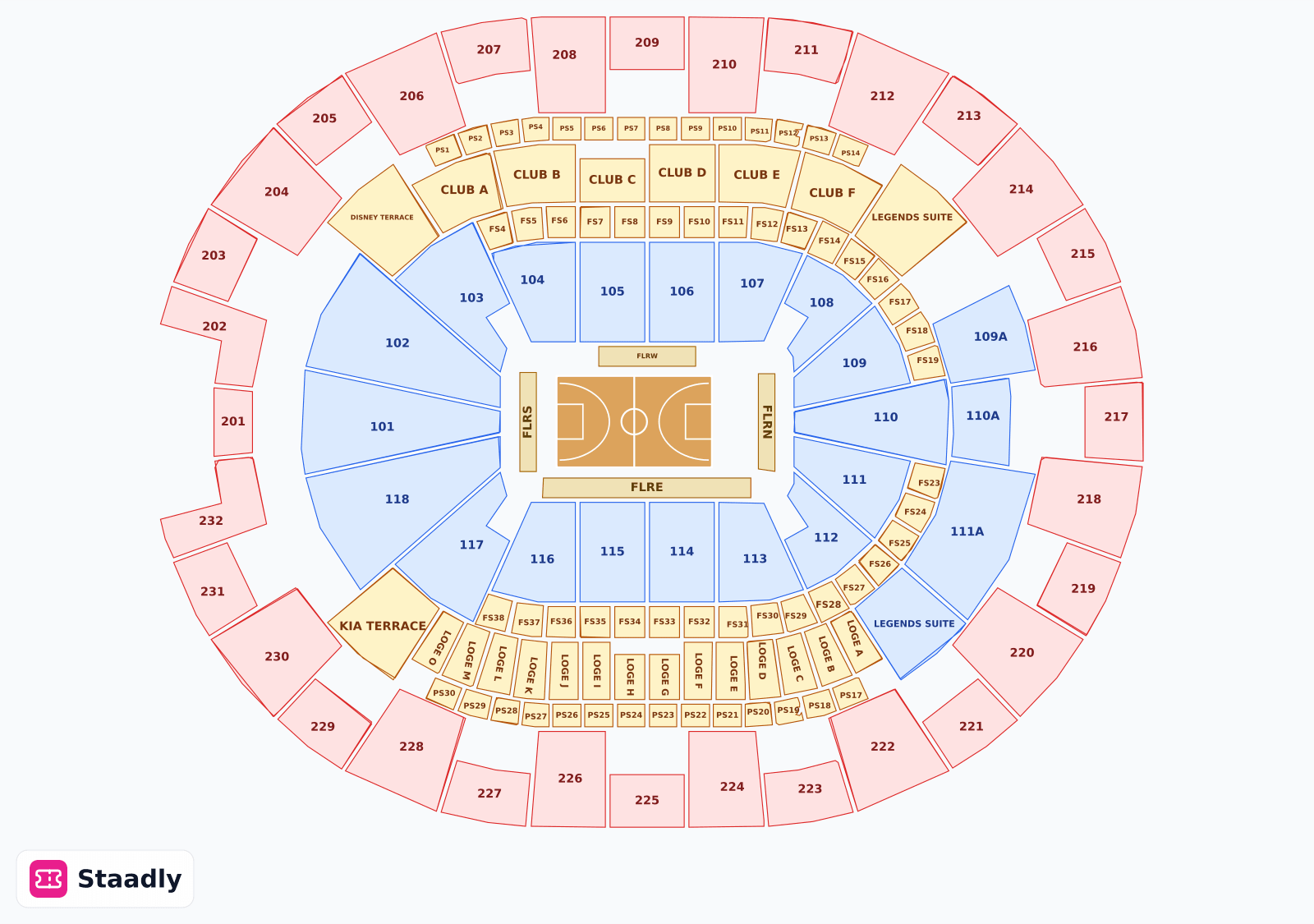 Kia Center seat layout and seating plan — colored sections, stands and tiers (Orlando)