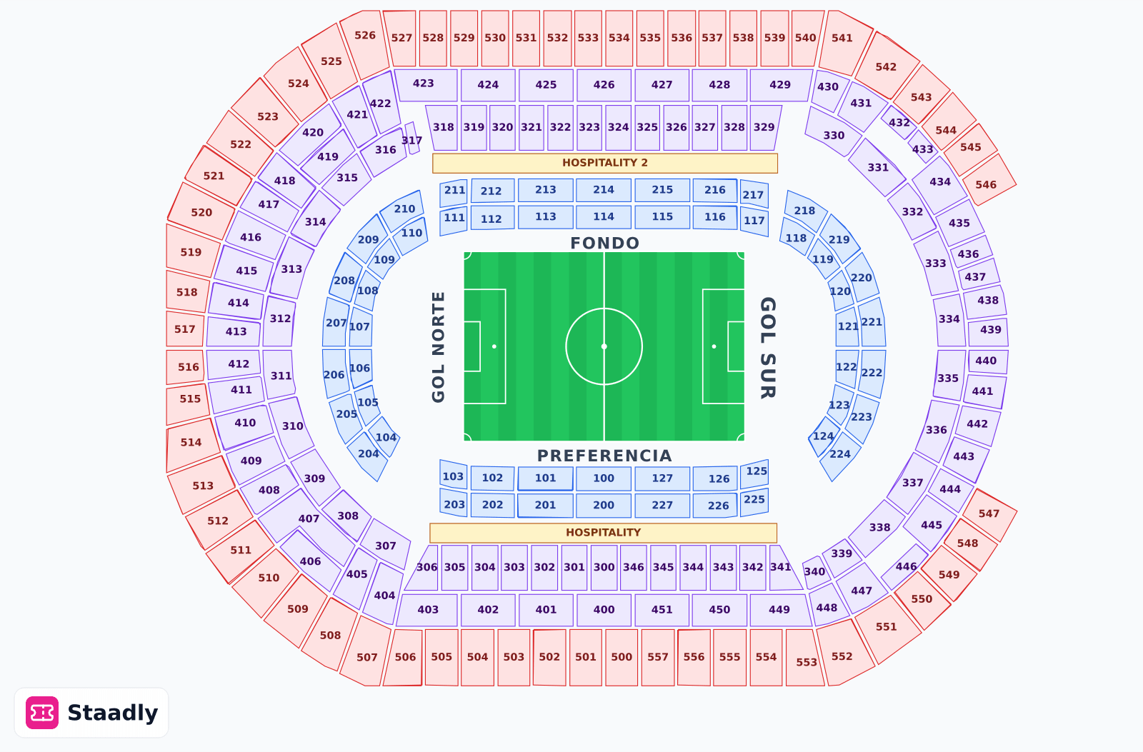 La Cartuja seat layout and seating plan — colored sections, stands and tiers (Sevilla)