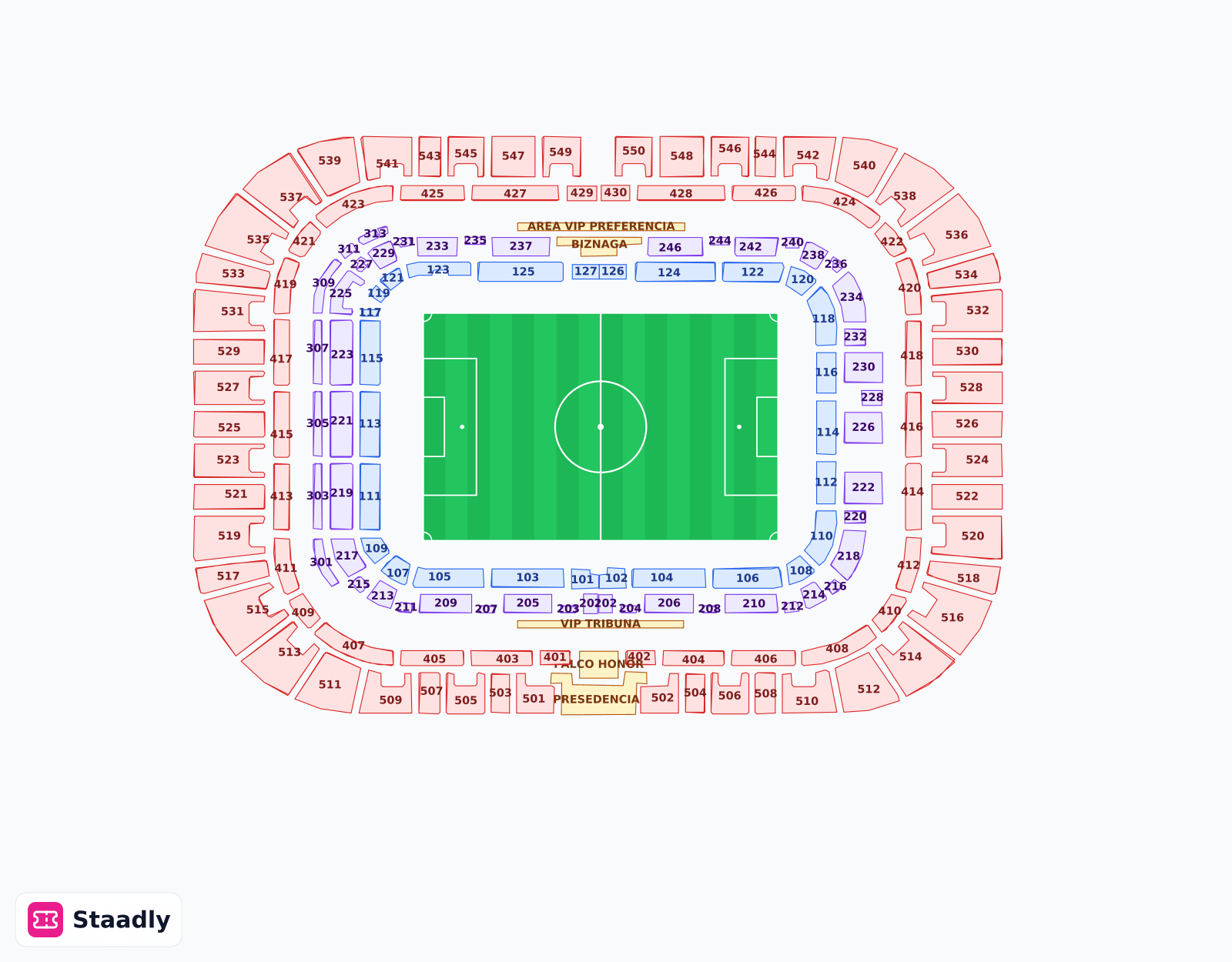 La Rosaleda Stadium seat layout and seating plan — colored sections, stands and tiers (Malaga)