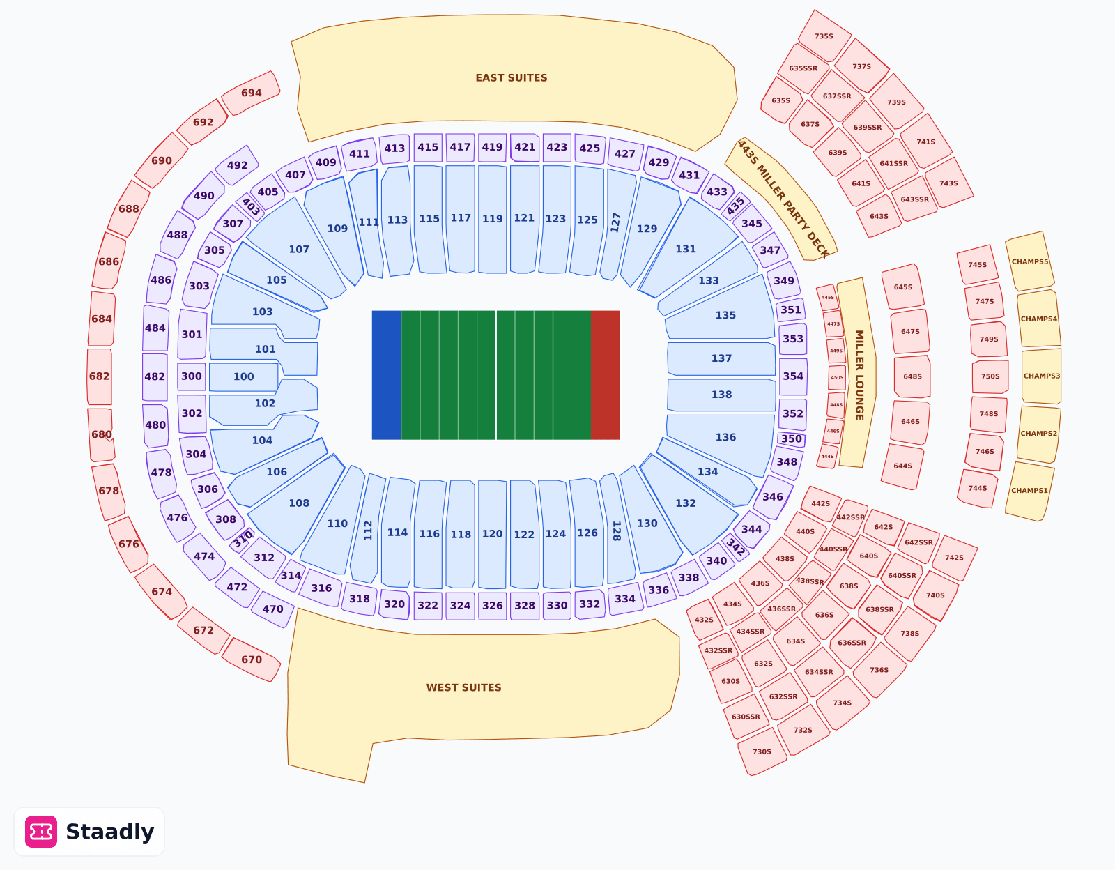 Lambeau Field seat layout and seating plan — colored sections, stands and tiers (Green Bay)