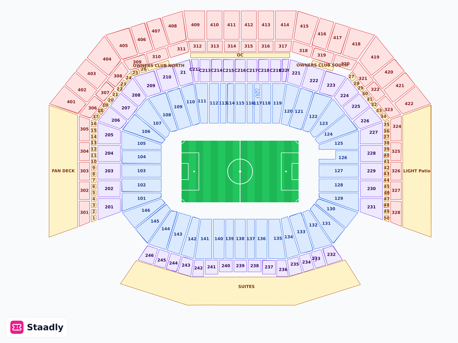 LEVIS STADIUM seat layout and seating plan — colored sections, stands and tiers (california)