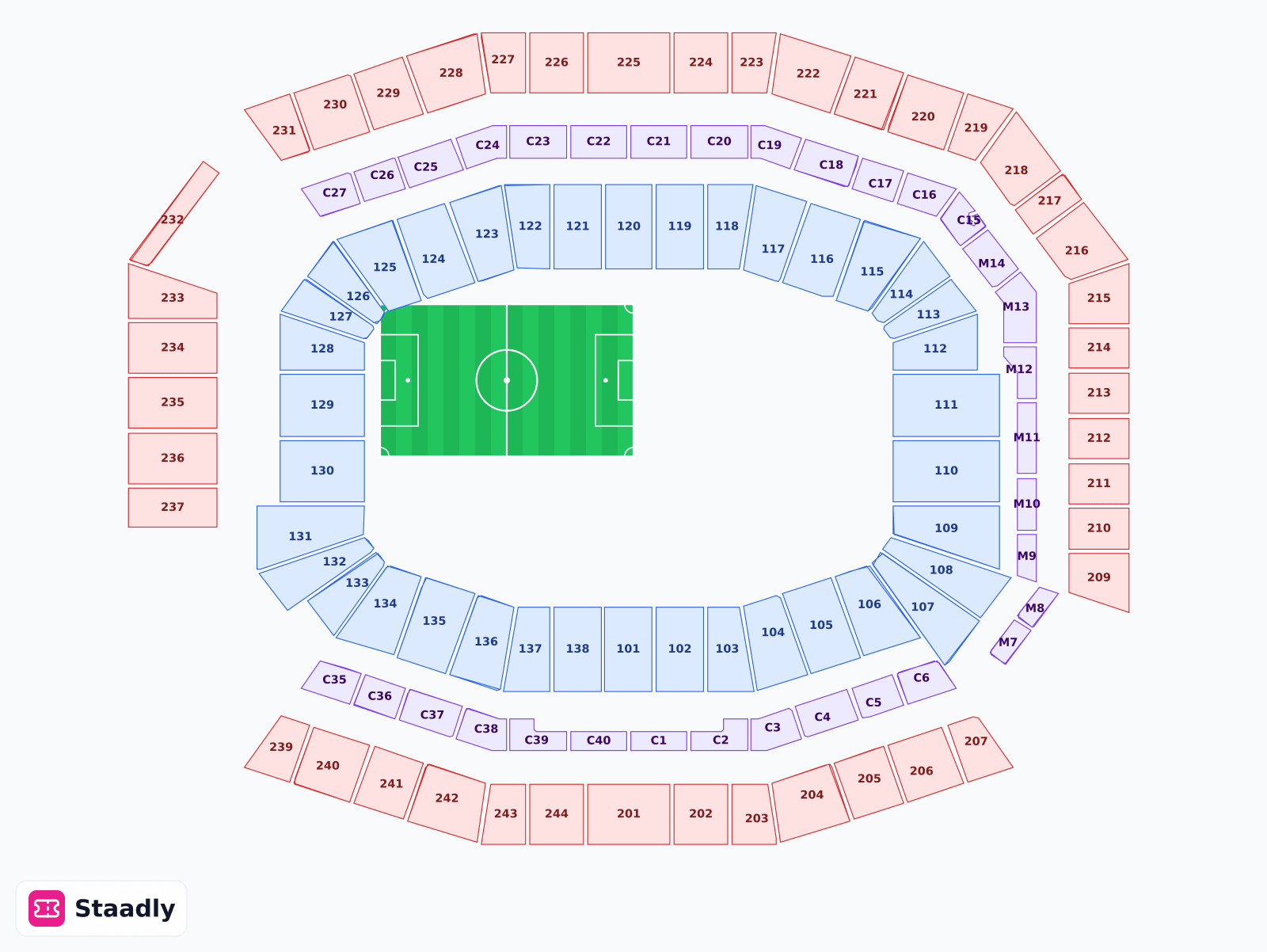 Lincoln Financial Field seat layout and seating plan — colored sections, stands and tiers (Pennsylvania)