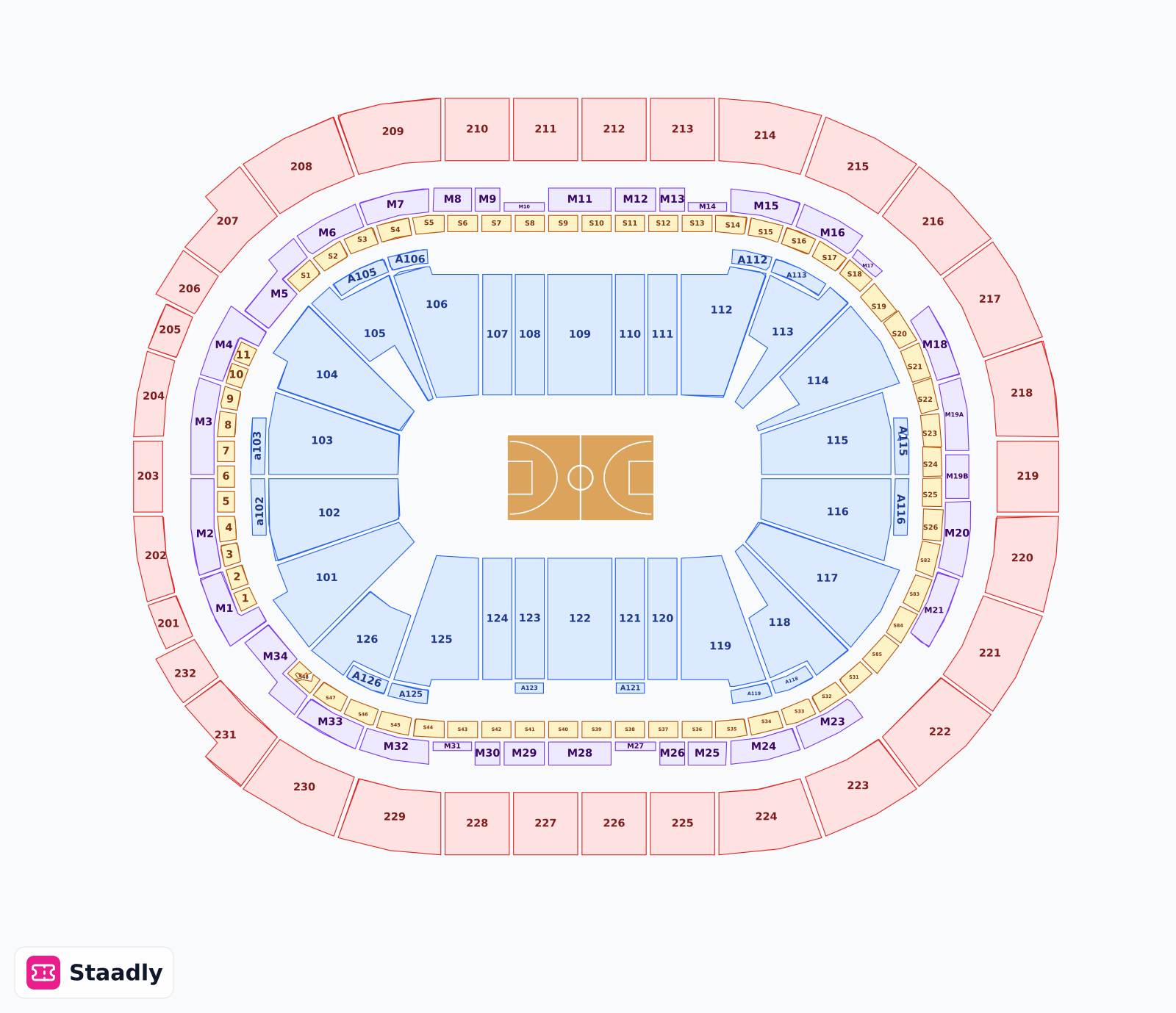 Little Caesars Arena seat layout and seating plan — colored sections, stands and tiers (Detroit)
