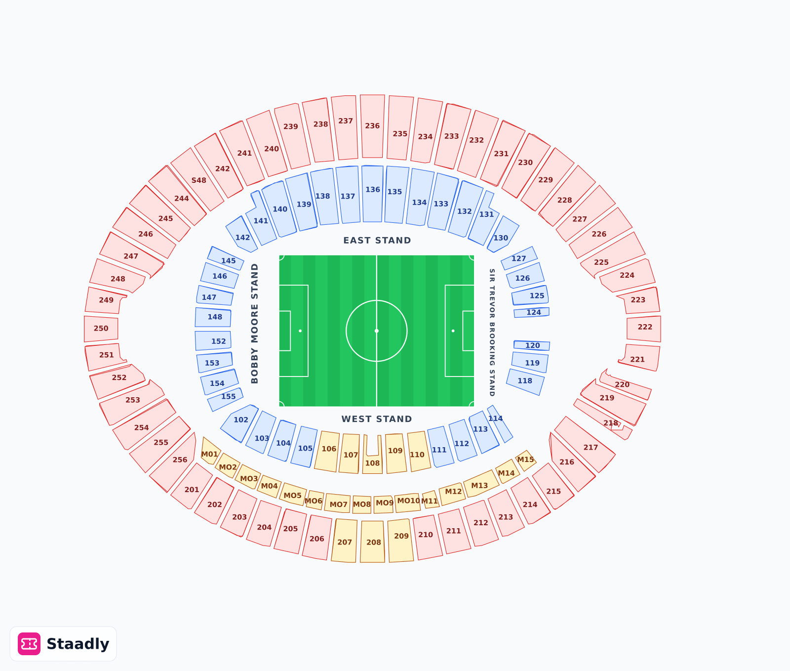 London Stadium seat layout and seating plan — colored sections, stands and tiers (London)