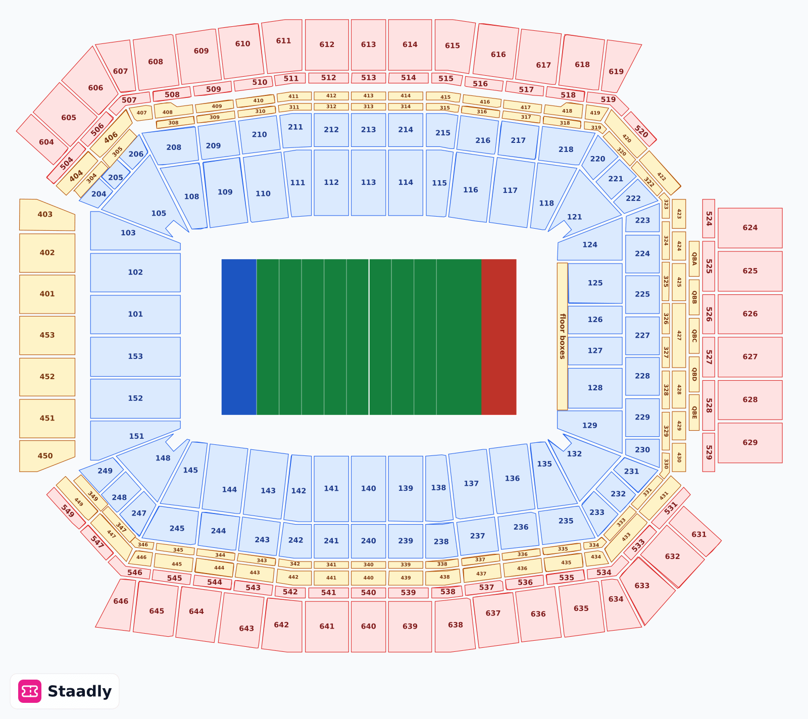 Lucas Oil Stadium seat layout and seating plan — colored sections, stands and tiers (Indianapolis)