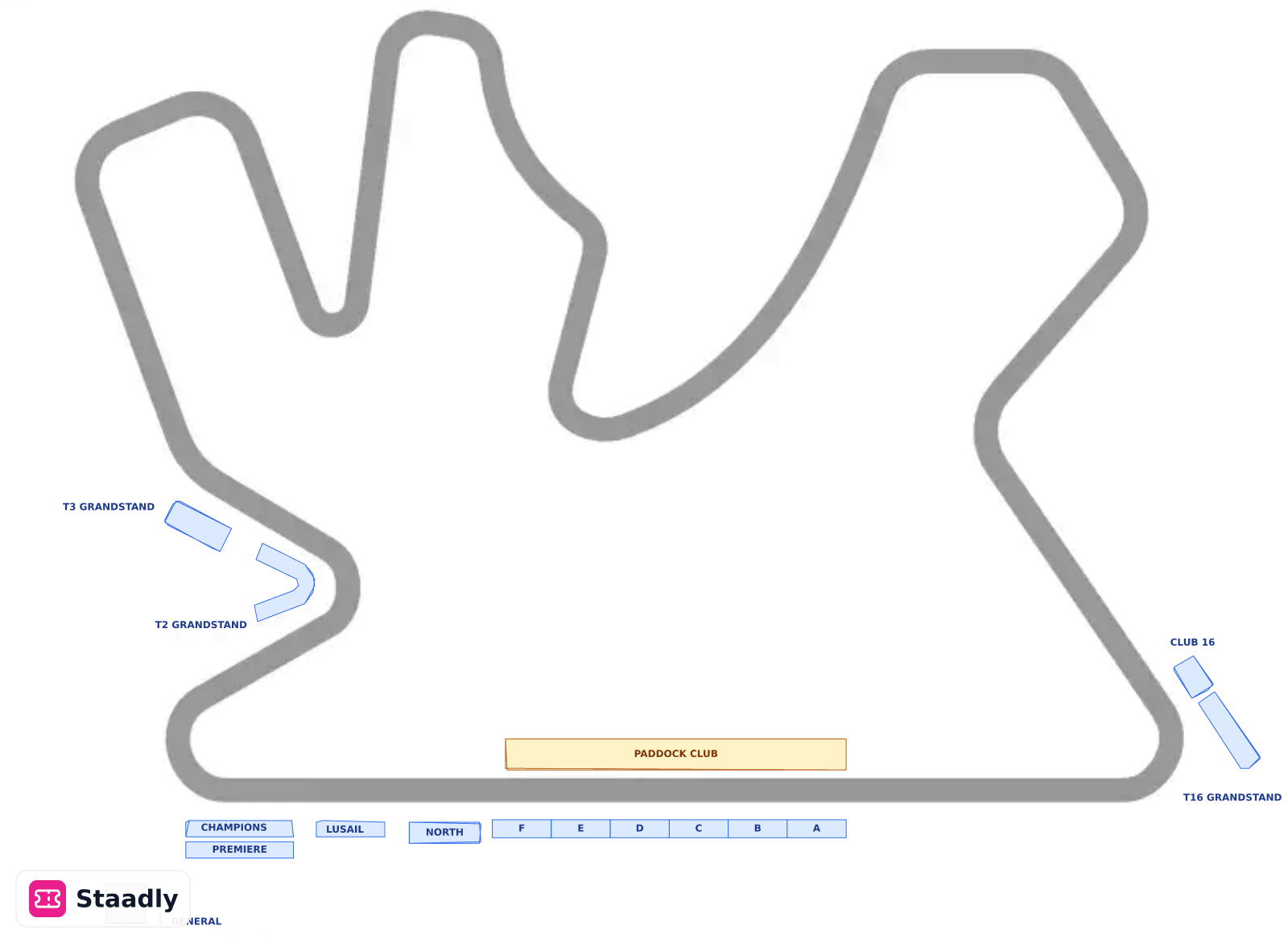 Lusail International Circuit seat layout and seating plan — colored sections, stands and tiers (Doha)