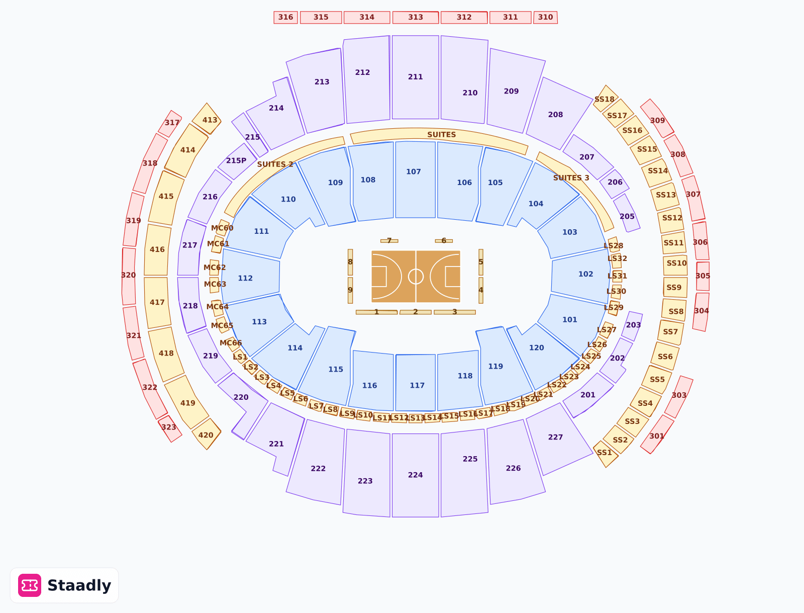 Madison Square Garden seat layout and seating plan — colored sections, stands and tiers (New York)