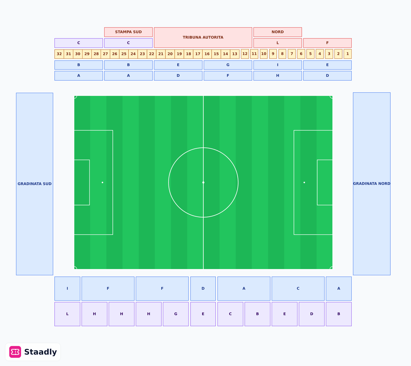 Mapei Stadium seat layout and seating plan — colored sections, stands and tiers (Reggio Emilia)
