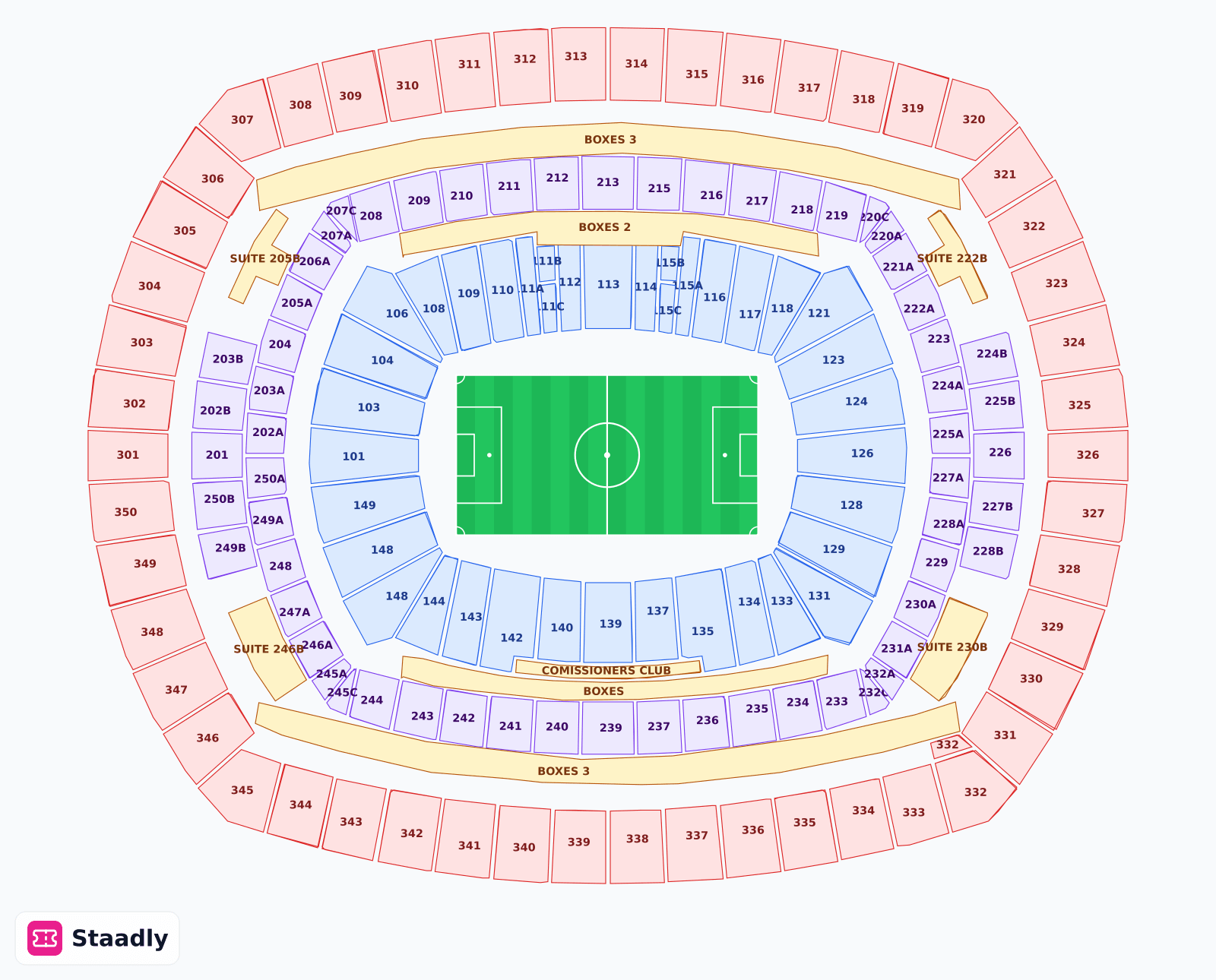 Metlife Stadium seat layout and seating plan — colored sections, stands and tiers (New Jersey)
