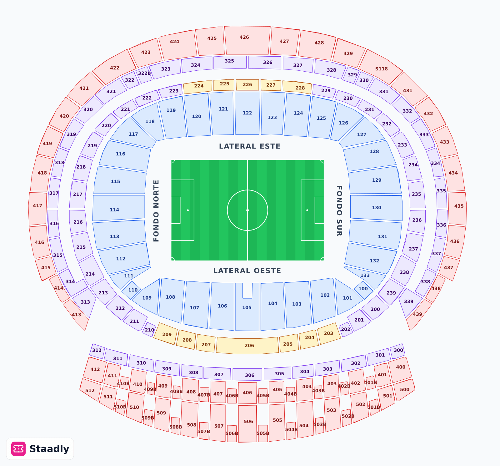 Metropolitano Stadium seat layout and seating plan — colored sections, stands and tiers (Madrid)