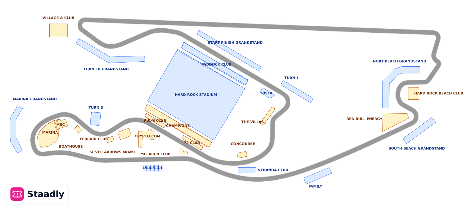 Miami International Autodrome seat layout and seating plan — colored sections, stands and tiers (Miami)