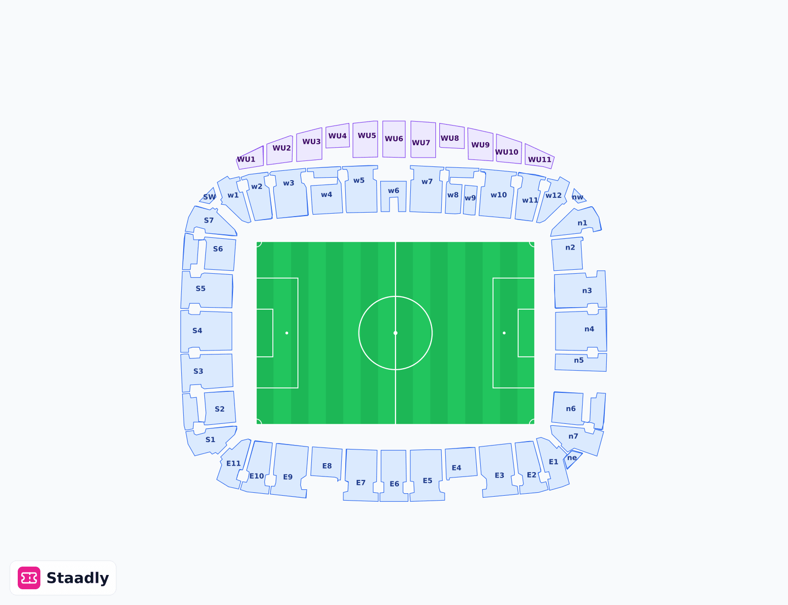 MKM STADIUM seat layout and seating plan — colored sections, stands and tiers (HULL)