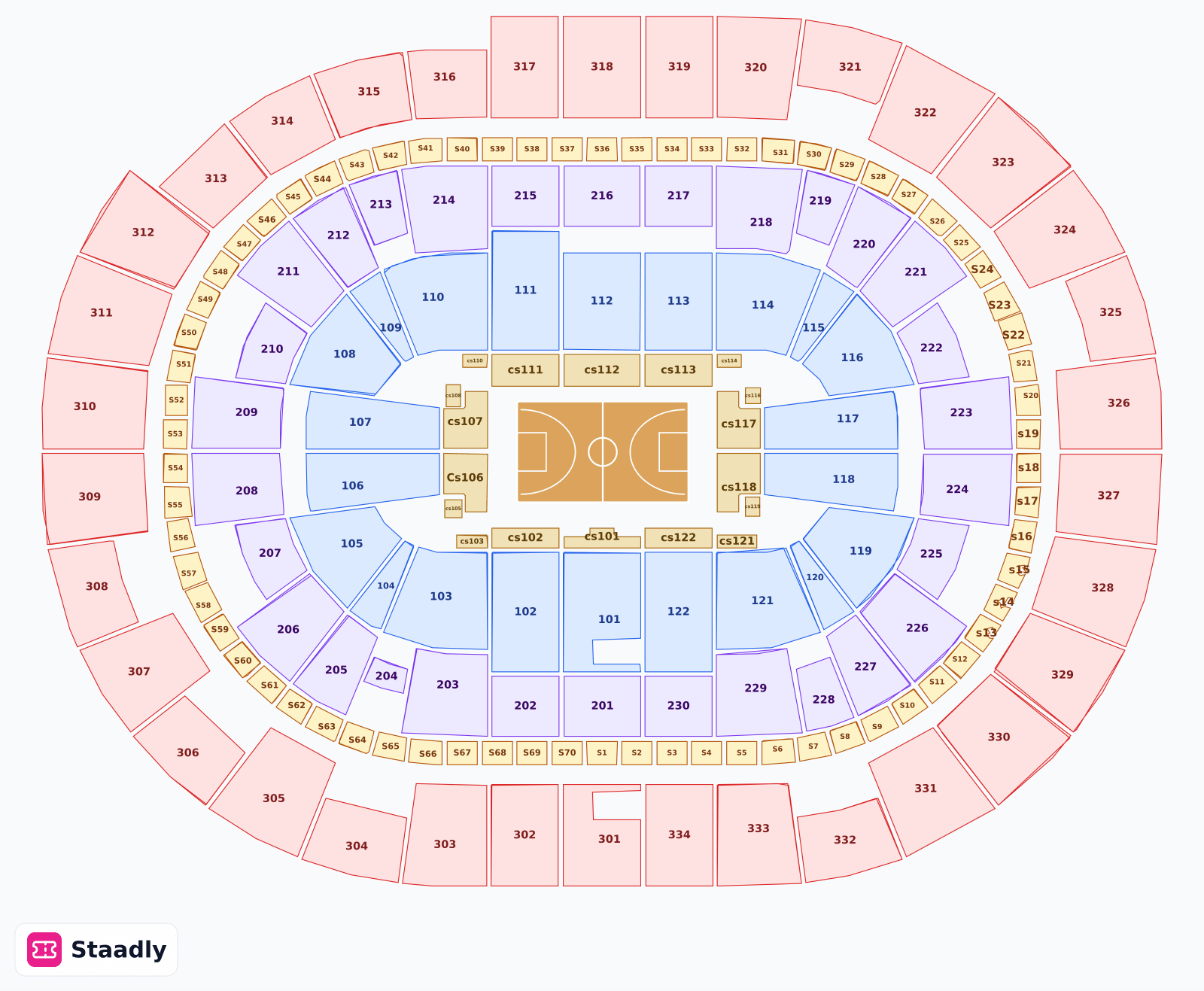 Moda Center seat layout and seating plan — colored sections, stands and tiers (Portland)