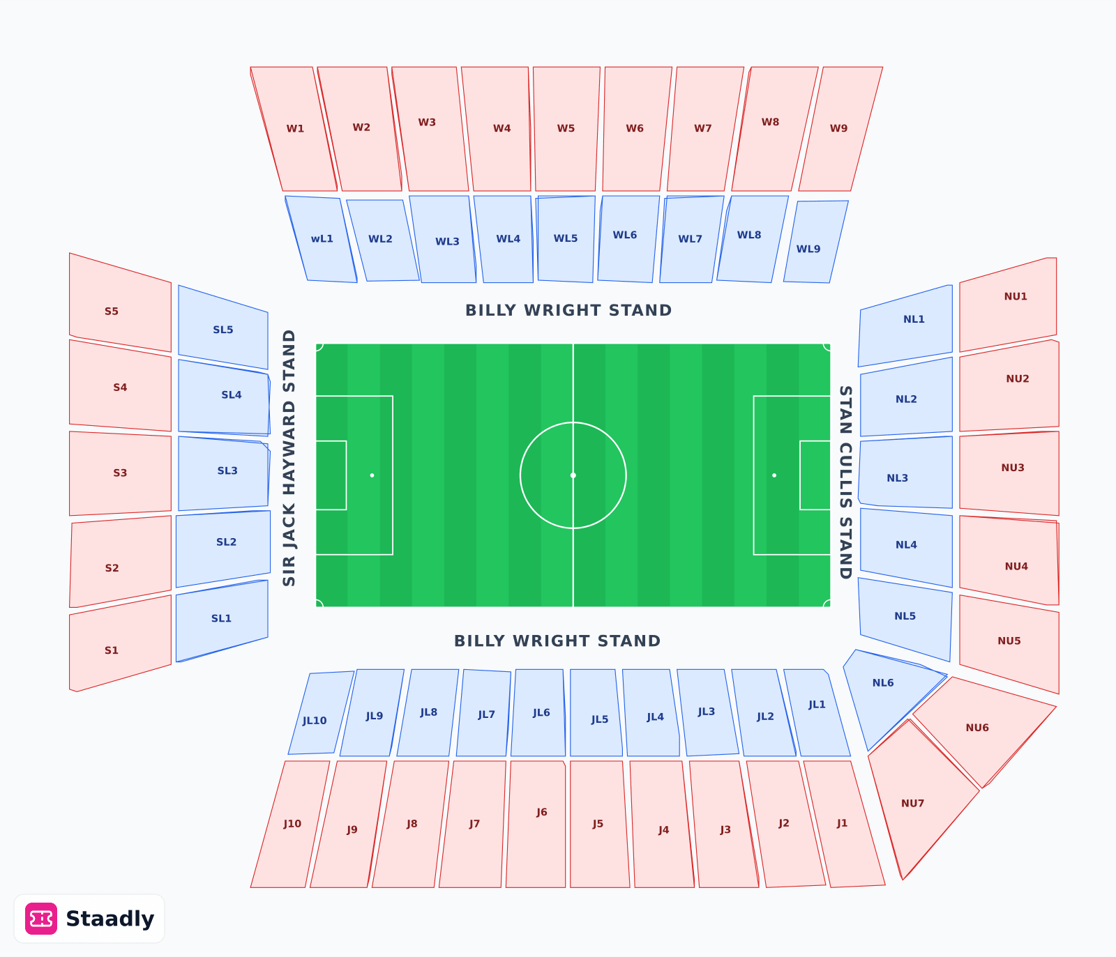 Molineux seat layout and seating plan — colored sections, stands and tiers (Wolverhampton)