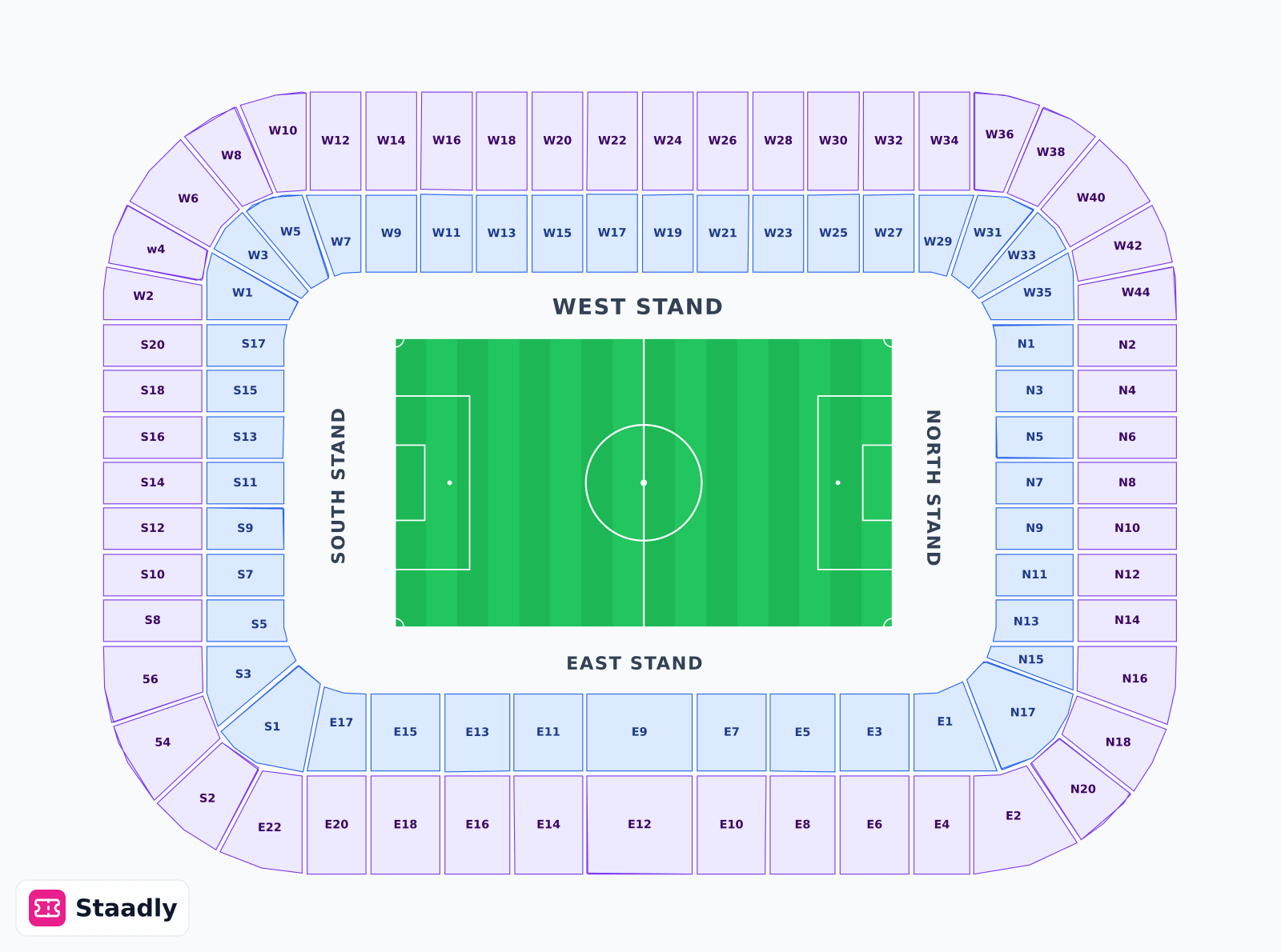Murrayfield seat layout and seating plan — colored sections, stands and tiers (Edinburgh)