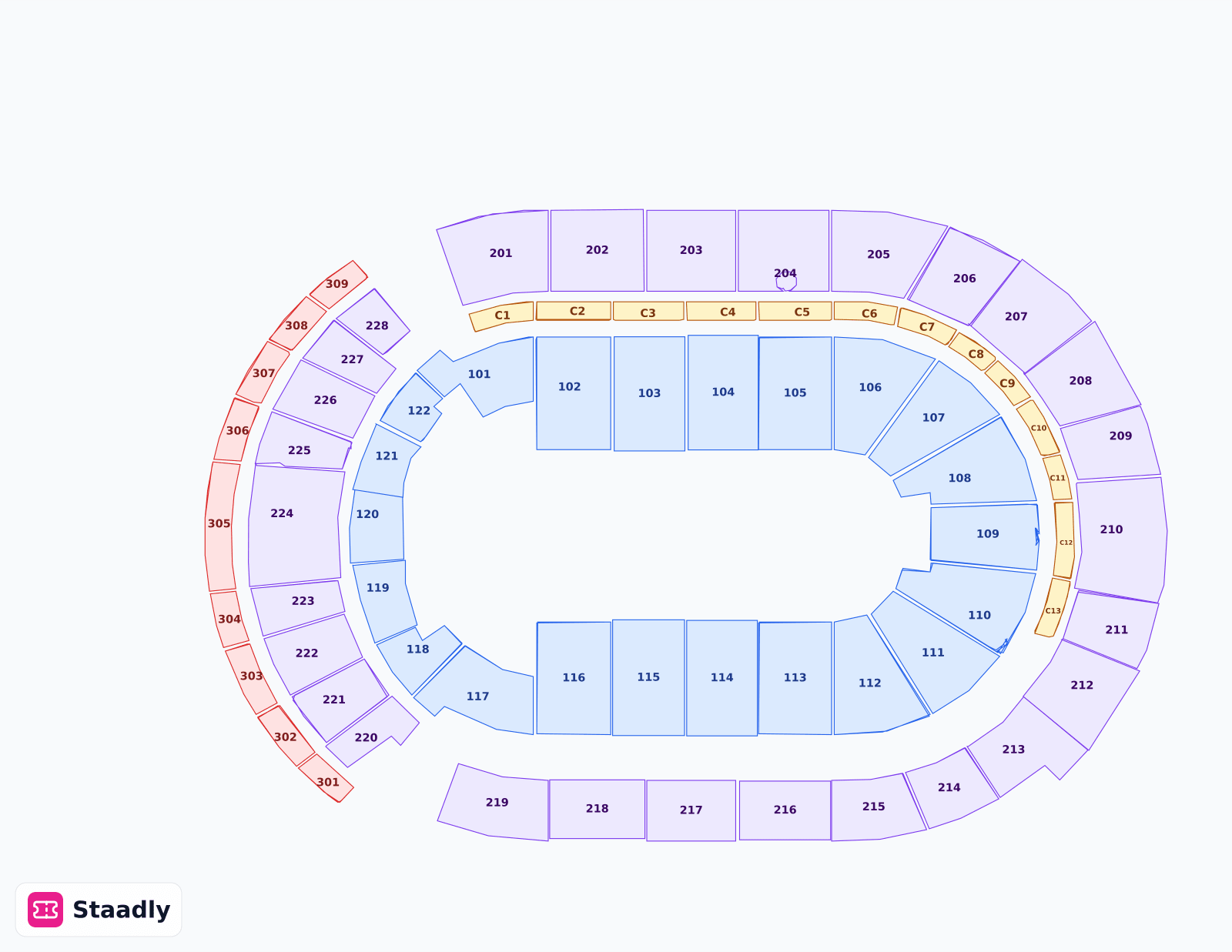 Nationwide Arena seat layout and seating plan — colored sections, stands and tiers (Colombus)