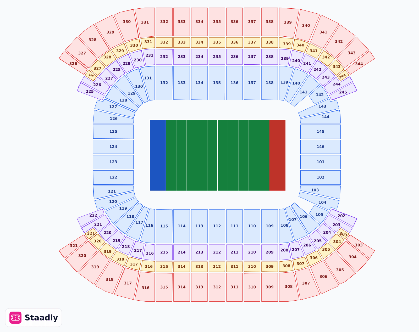 Nissan Stadium seat layout and seating plan — colored sections, stands and tiers (Nashville)
