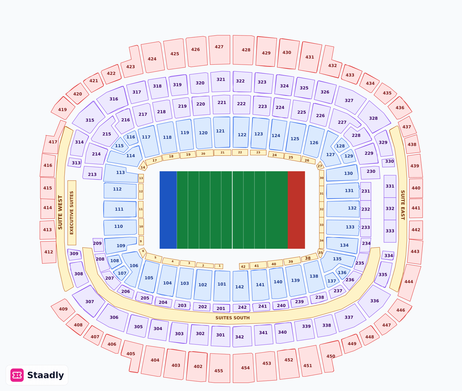 Northwest Stadium seat layout and seating plan — colored sections, stands and tiers (Landover)
