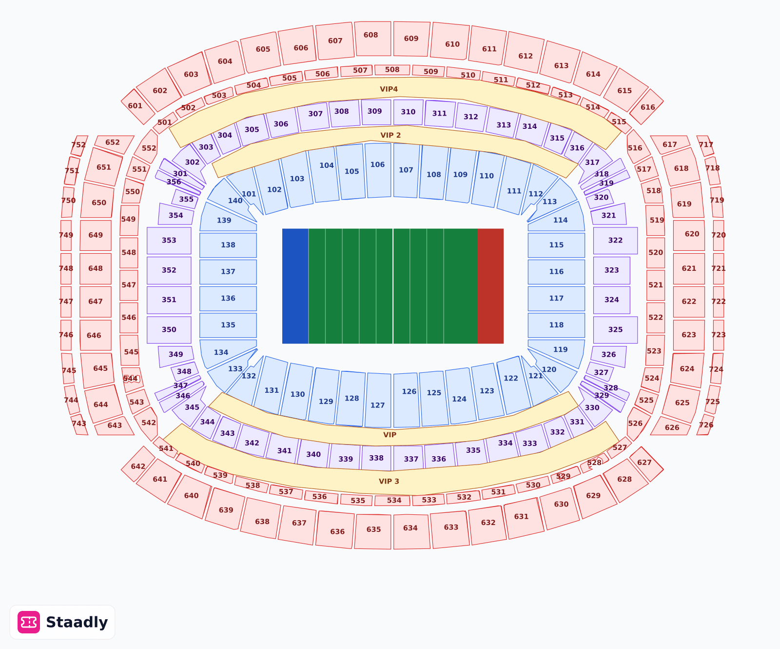 NRG Stadium seat layout and seating plan — colored sections, stands and tiers (Texas)