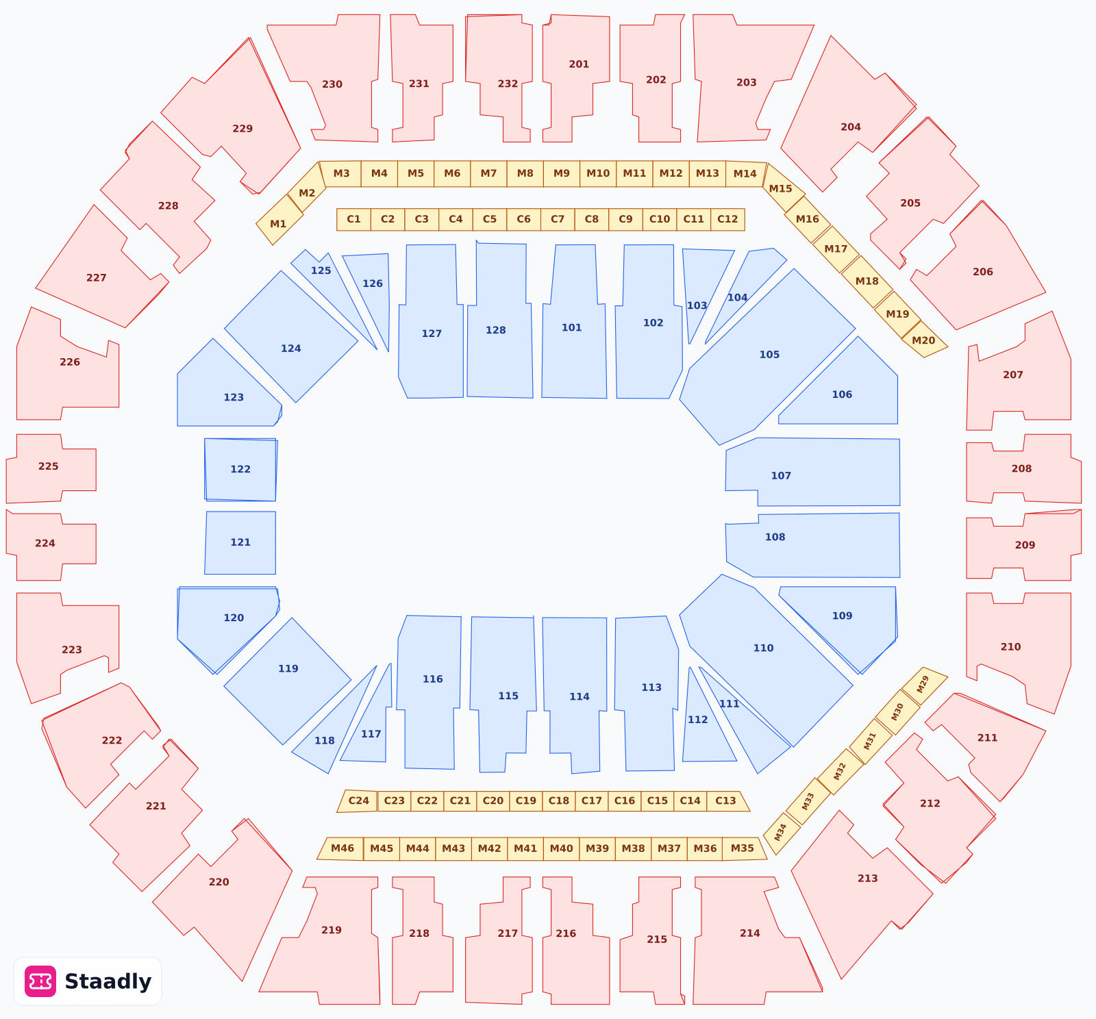 Oakland Arena seat layout and seating plan — colored sections, stands and tiers (Oakland)