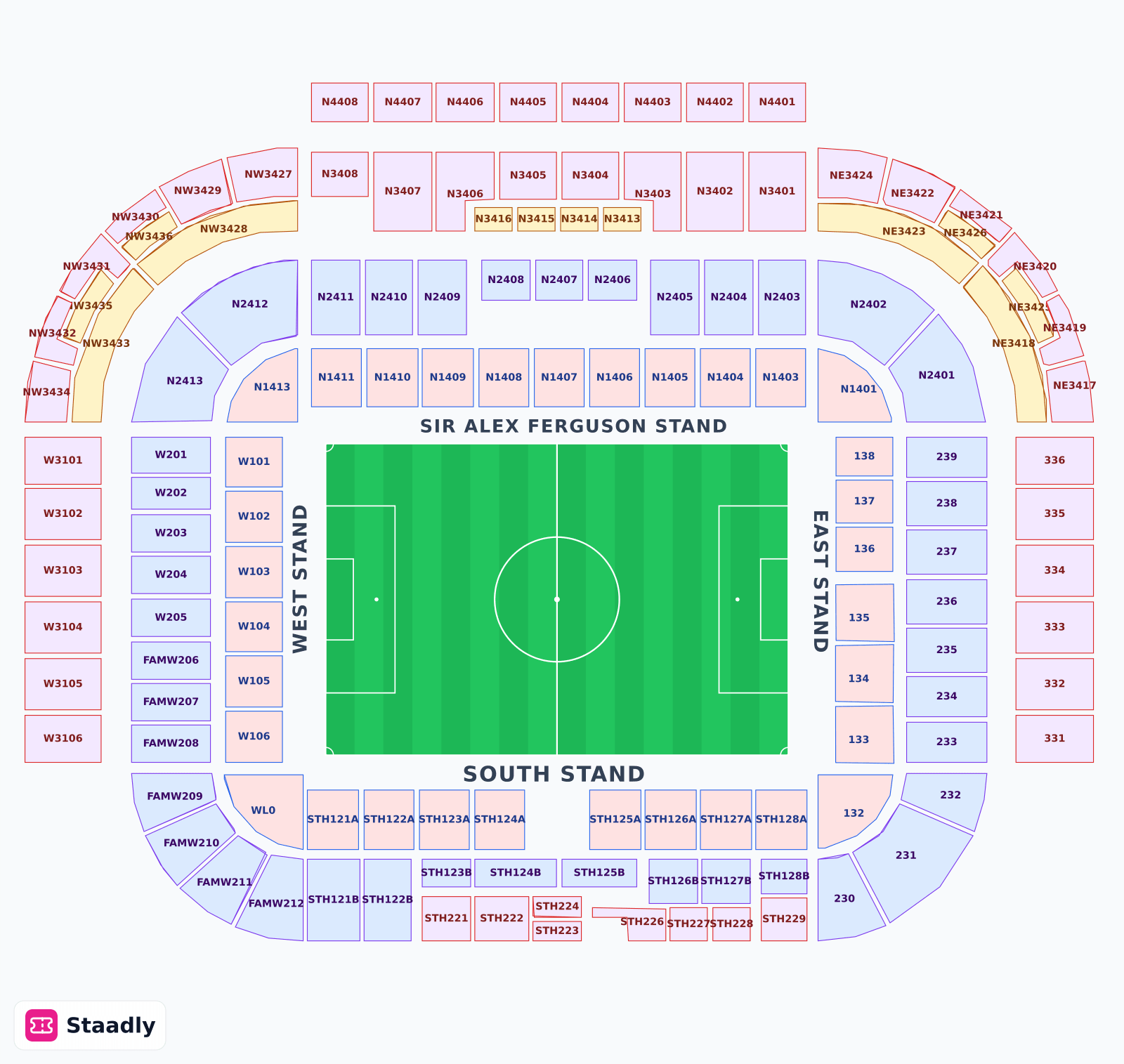Old Trafford seat layout and seating plan — colored sections, stands and tiers (Manchester)