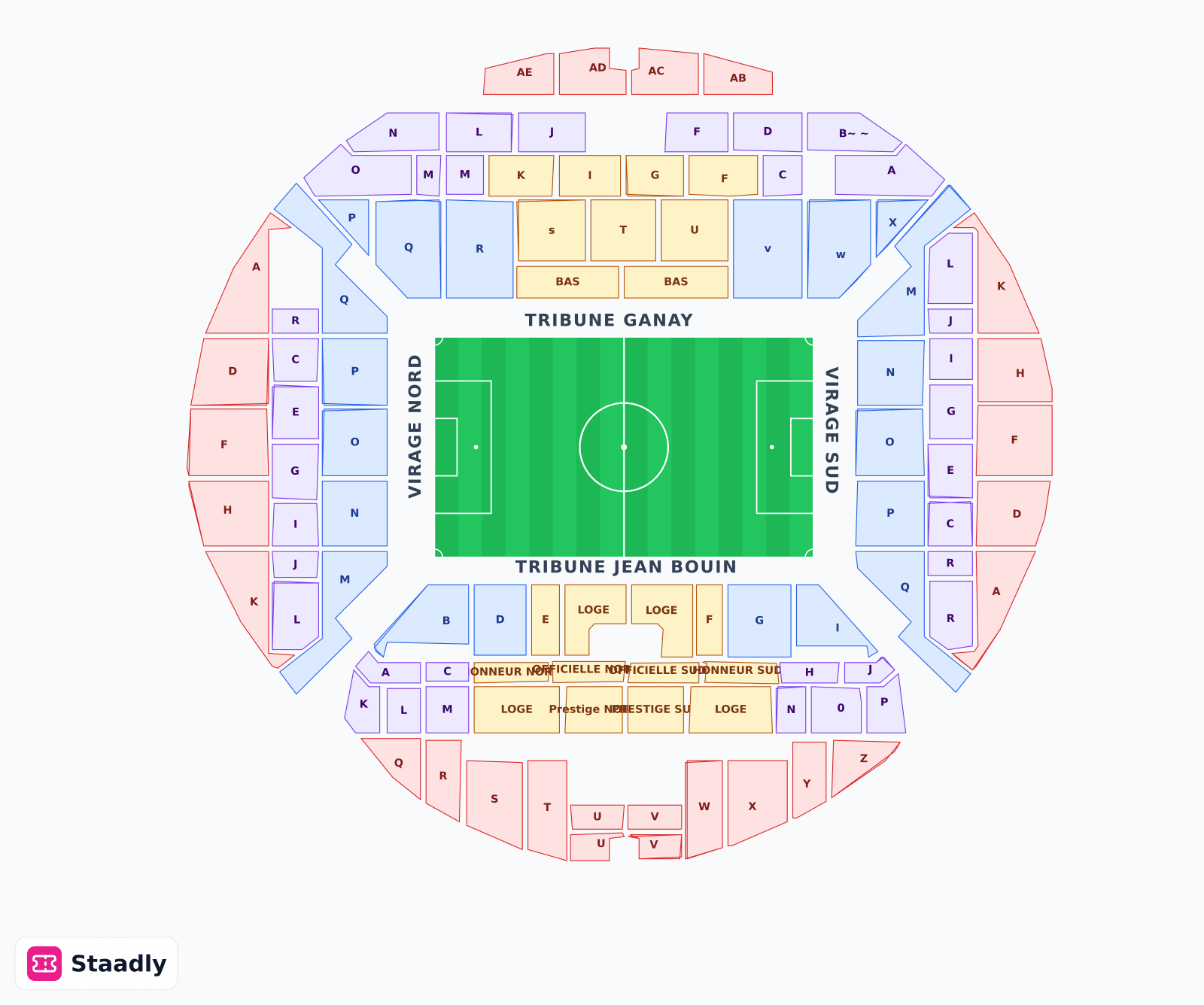 Orange Velodrome seat layout and seating plan — colored sections, stands and tiers (Marseille)