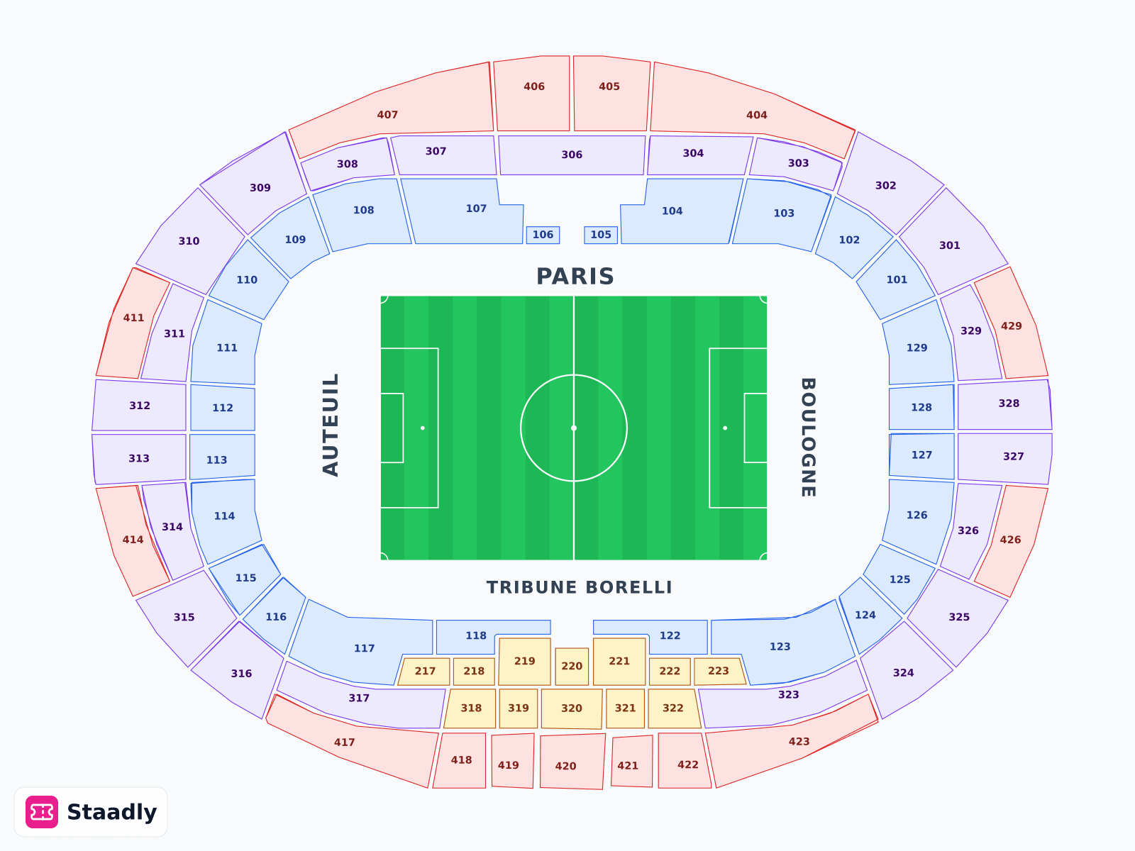 Parc Des Princes seat layout and seating plan — colored sections, stands and tiers (Paris)