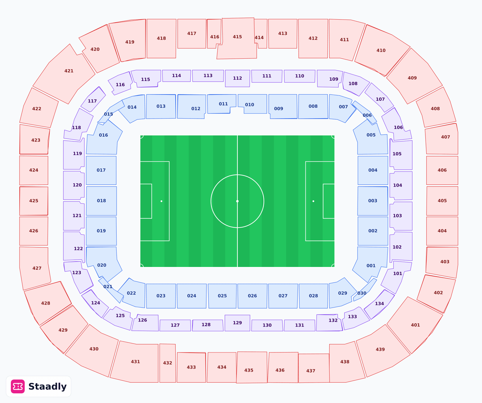 Parc Olympique Lyonnais seat layout and seating plan — colored sections, stands and tiers (Lyon)