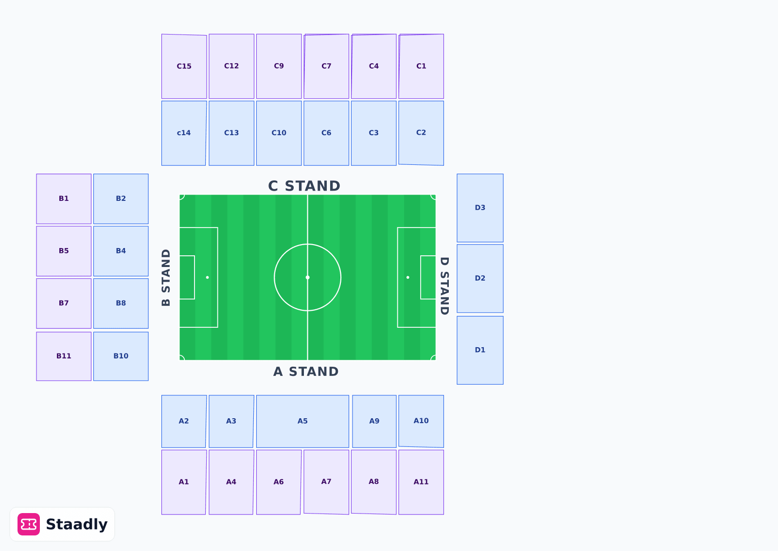 PARKEN STADIUM COPENHAGEN seat layout and seating plan — colored sections, stands and tiers (COPENHAGEN)