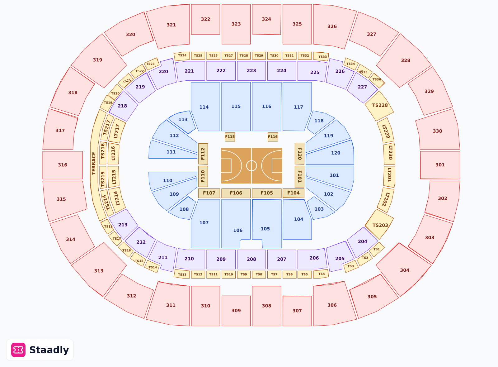 Paycom Center seat layout and seating plan — colored sections, stands and tiers (Oklahoma City)