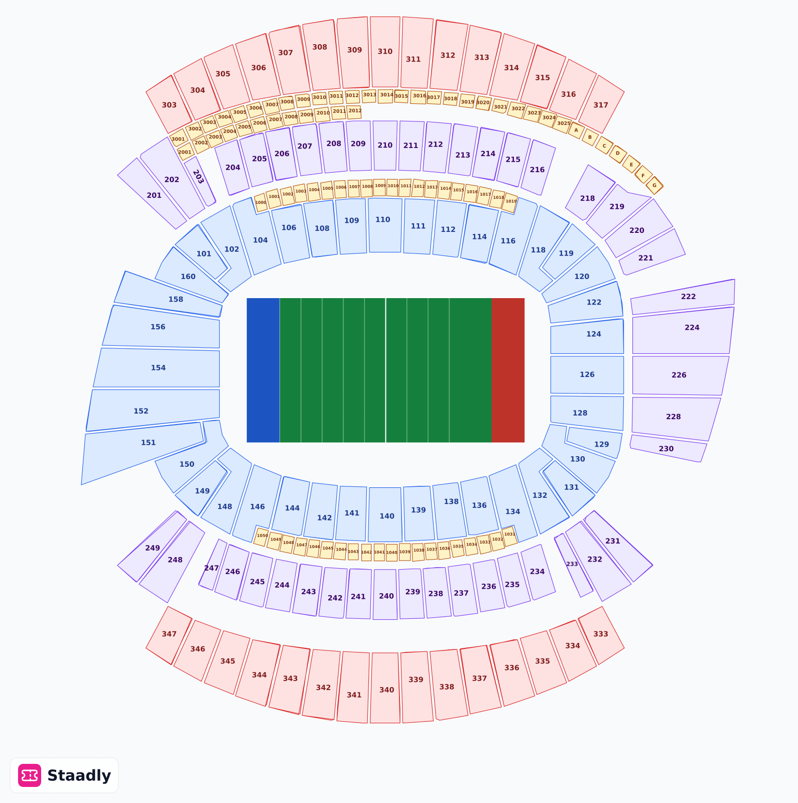 Paycor Stadium seat layout and seating plan — colored sections, stands and tiers (Cincinnati)