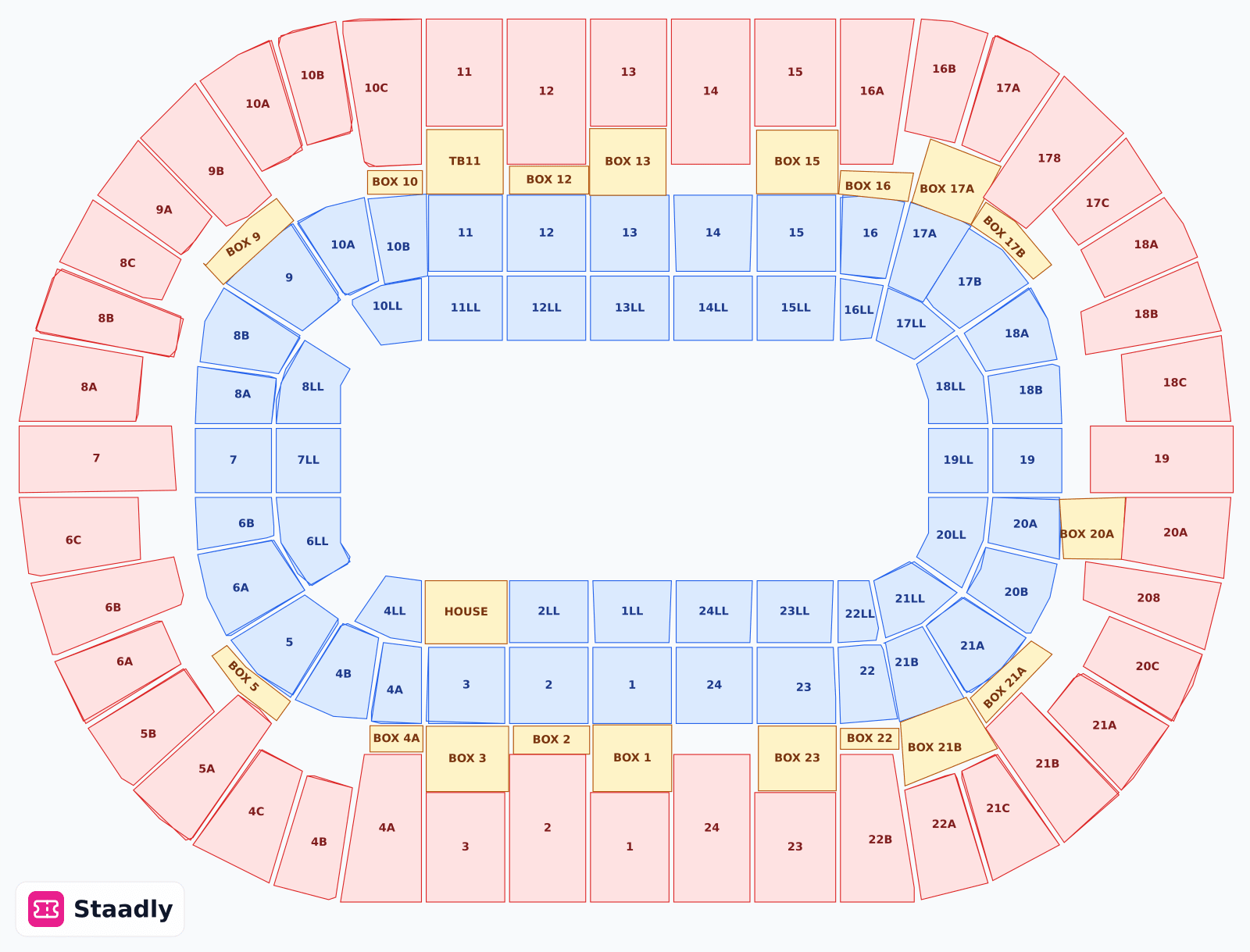 Pechanga Arena seat layout and seating plan — colored sections, stands and tiers (San Diego)