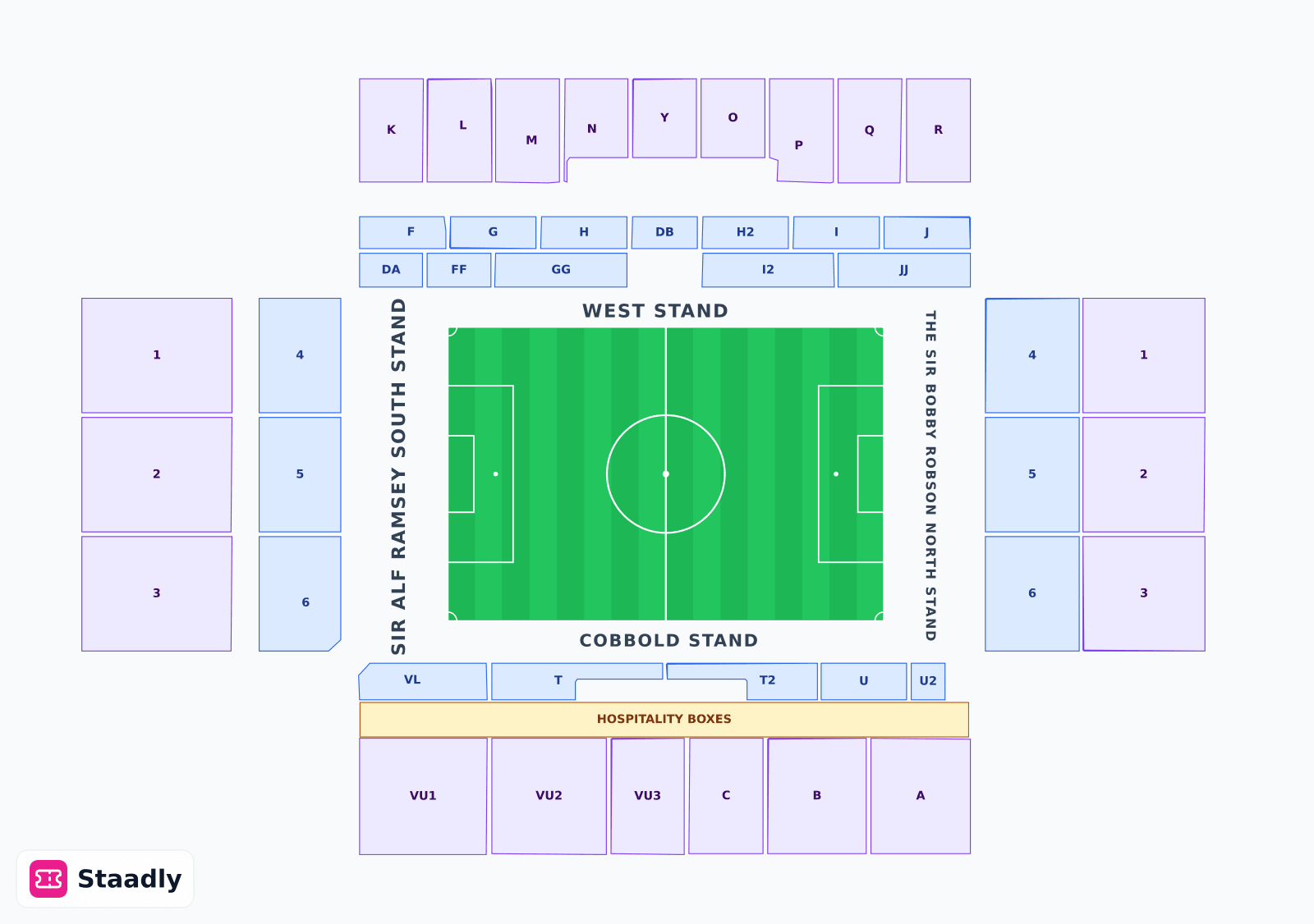 Portman Road seat layout and seating plan — colored sections, stands and tiers (Ipswich)