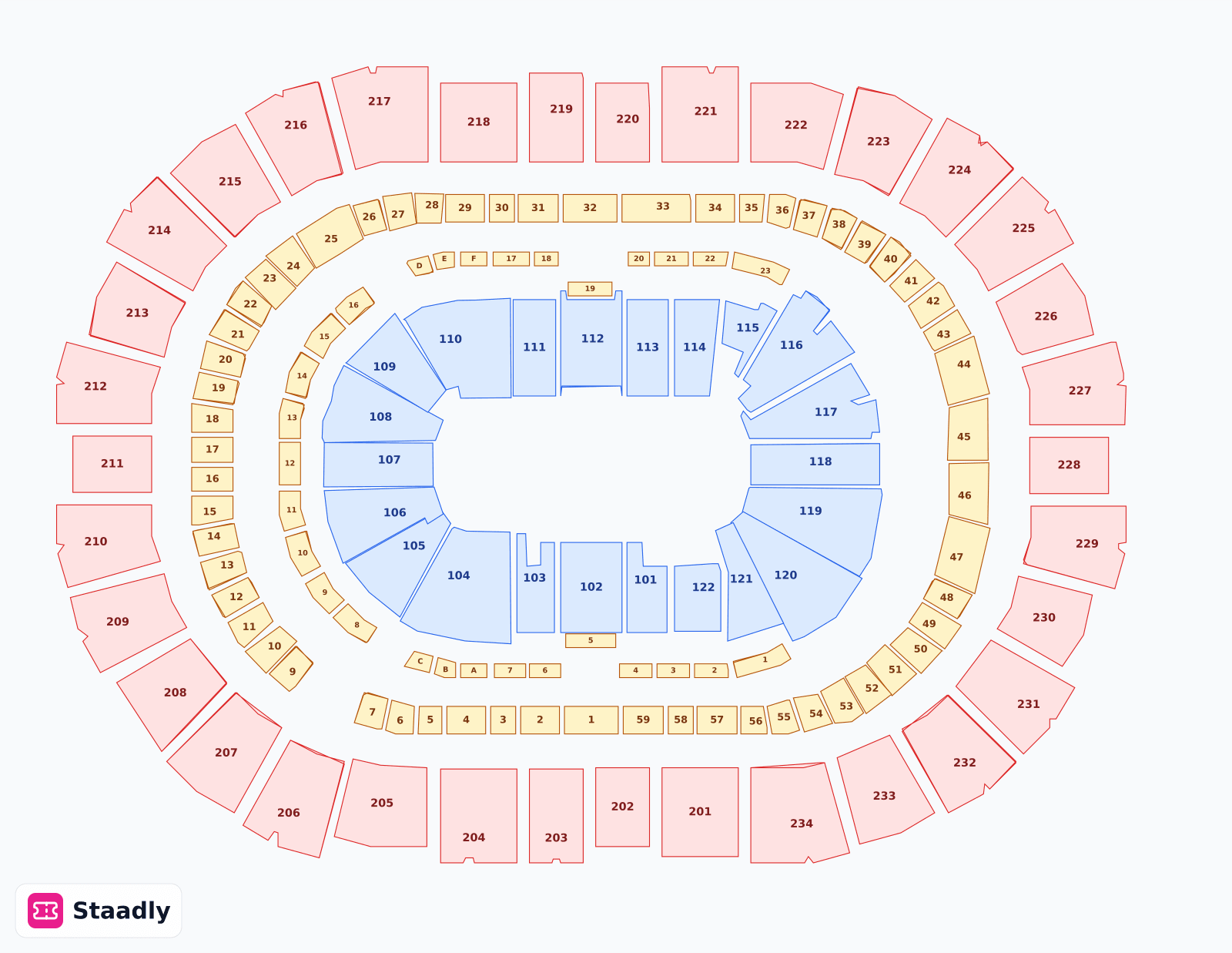 PPG Paints Arena seat layout and seating plan — colored sections, stands and tiers (Pittspurgh)
